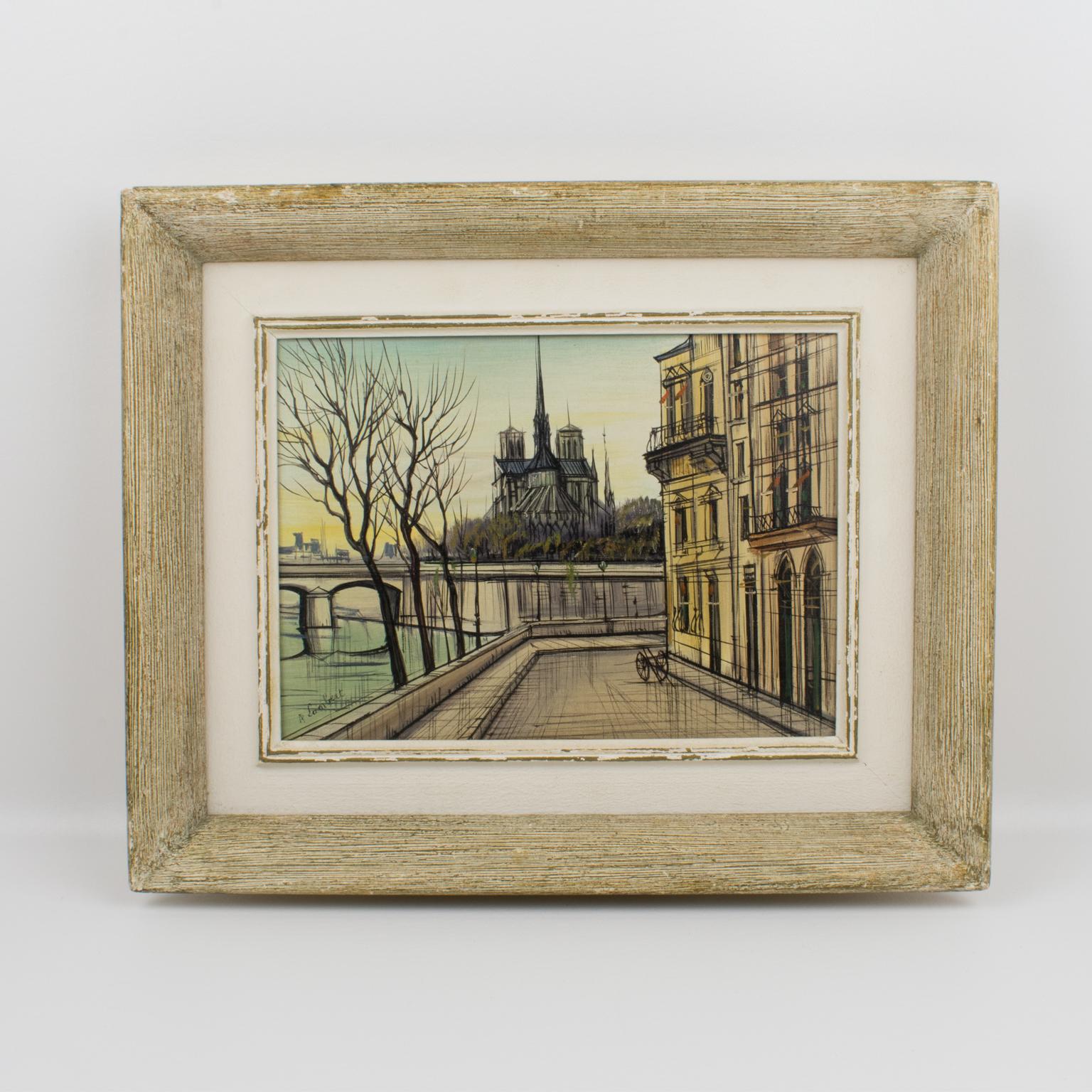 This oil on canvas painting, signed by Paul Lambert (1910-1970), is stunning. Paul Lambert is a French painter known for his depiction of Parisian scenes. 
This artwork is typical of his Paris cityscapes, done with sharp black lines and muted