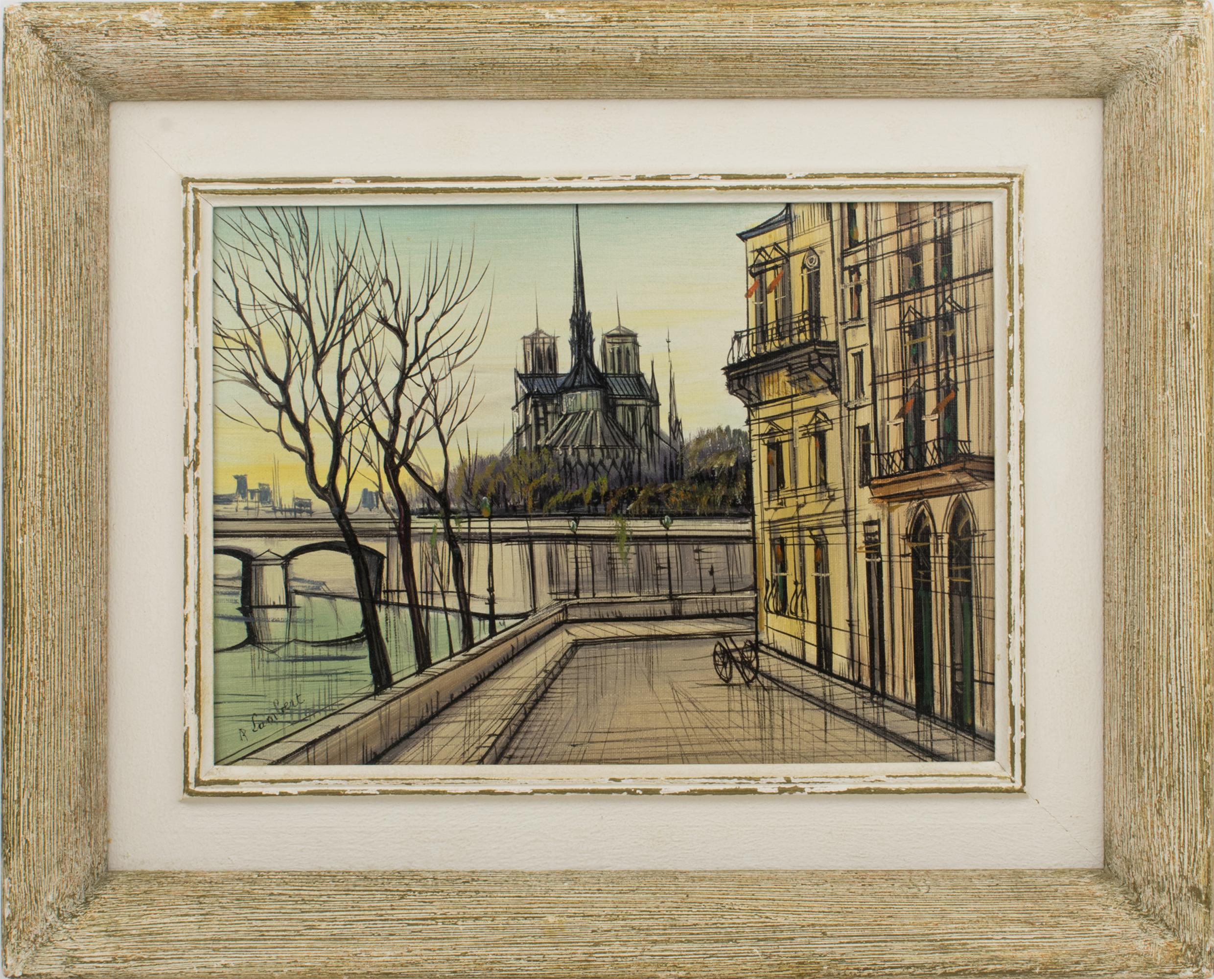 A unique oil painting on canvas signed by Paul Lambert (1910–1970), a renowned French artist celebrated for his evocative portrayals of Parisian landscapes.
This rare piece exemplifies Lambert's signature cityscapes, characterized by sharp black