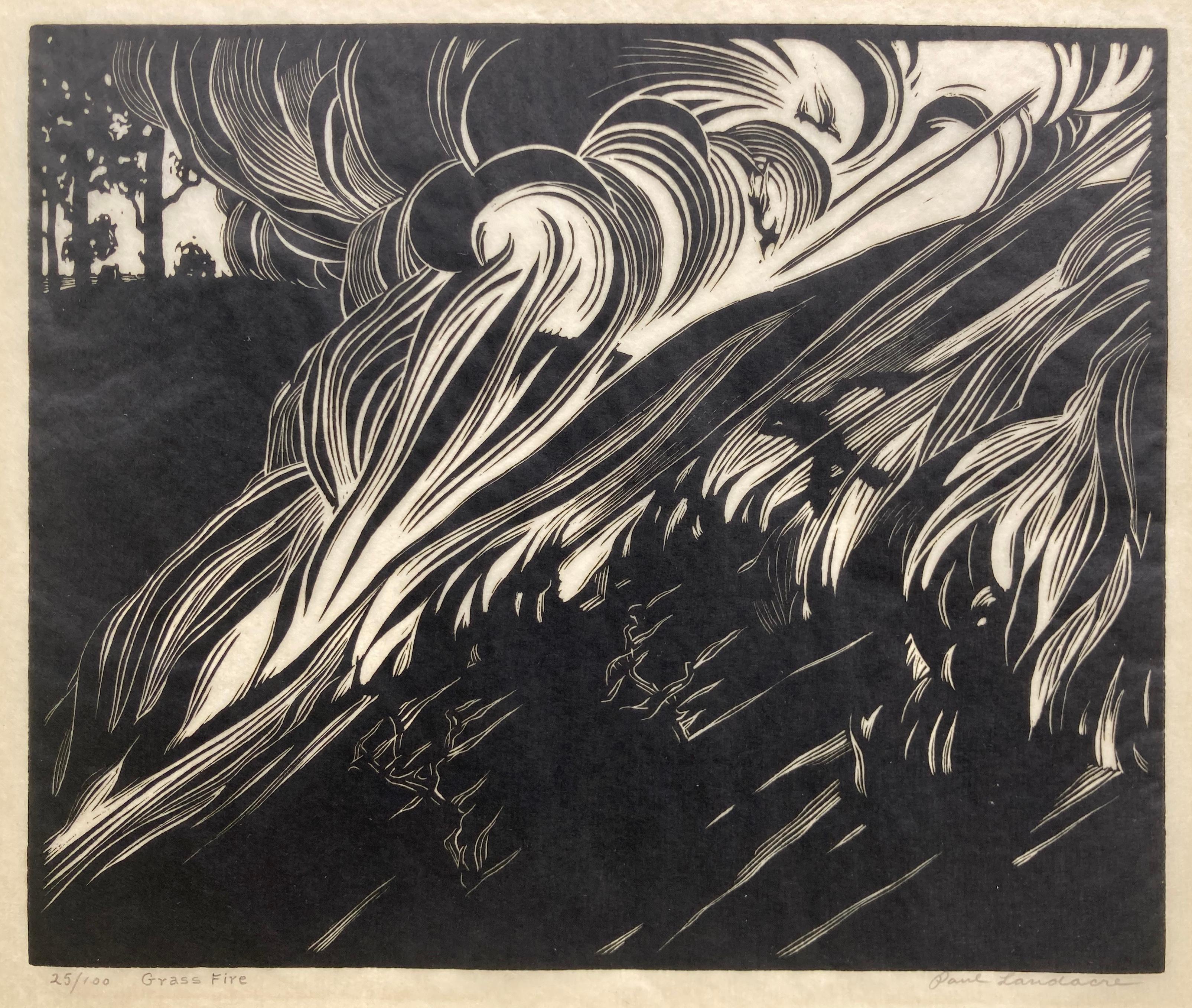 Paul Landacre Landscape Print - GRASS FIRE. - Very Scarce Early signed Impression