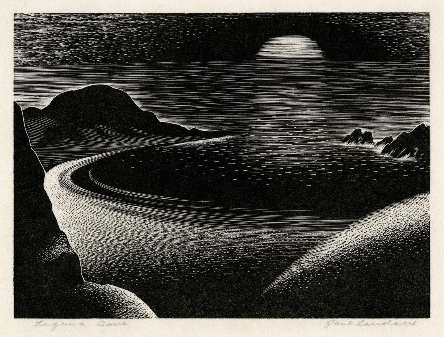 Landscape Print di Paul Landacre - Laguna Cove" - Modernismo americano, California