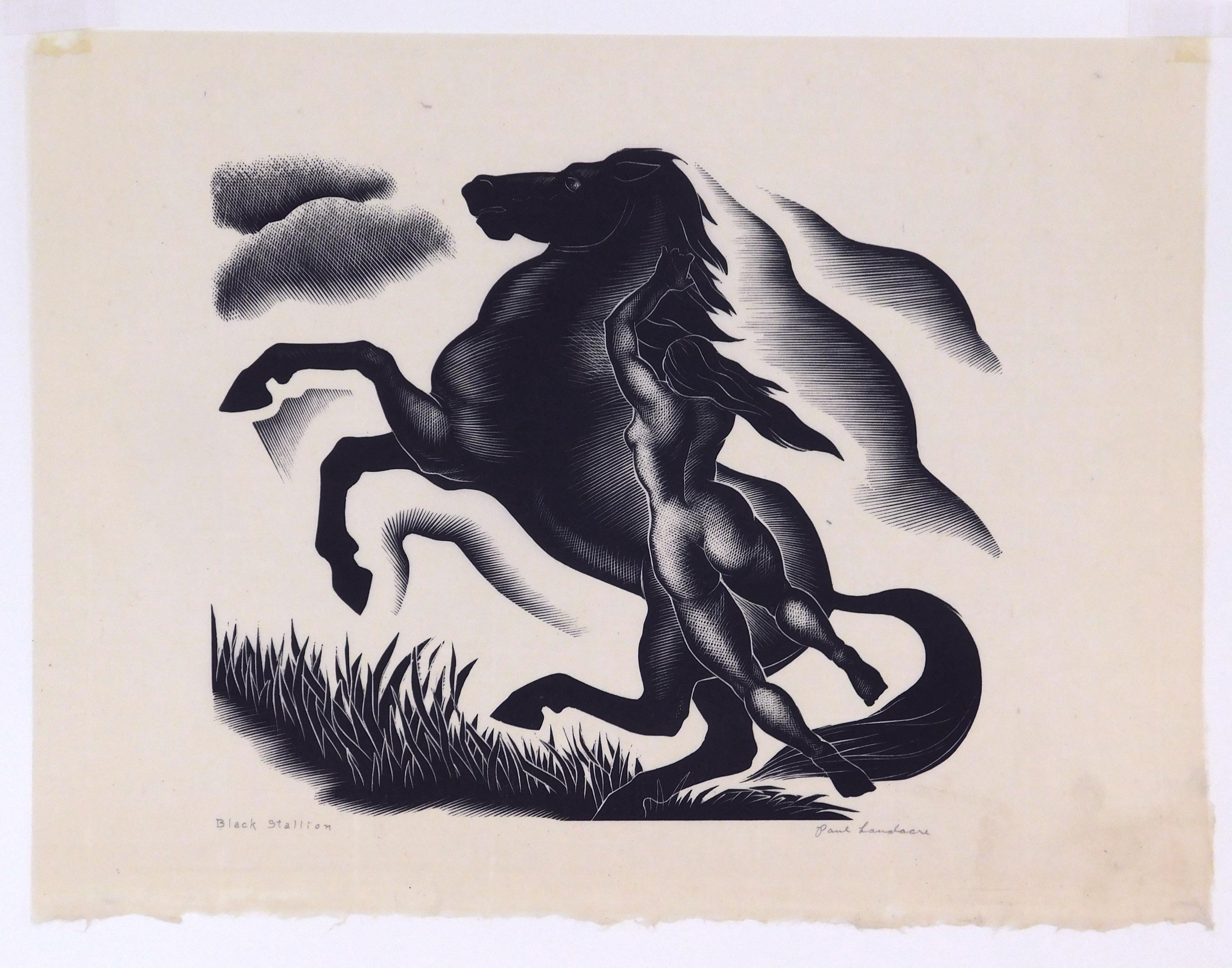 Grabado en madera original de Paul Landacre, 1940 - Semental negro en venta 1