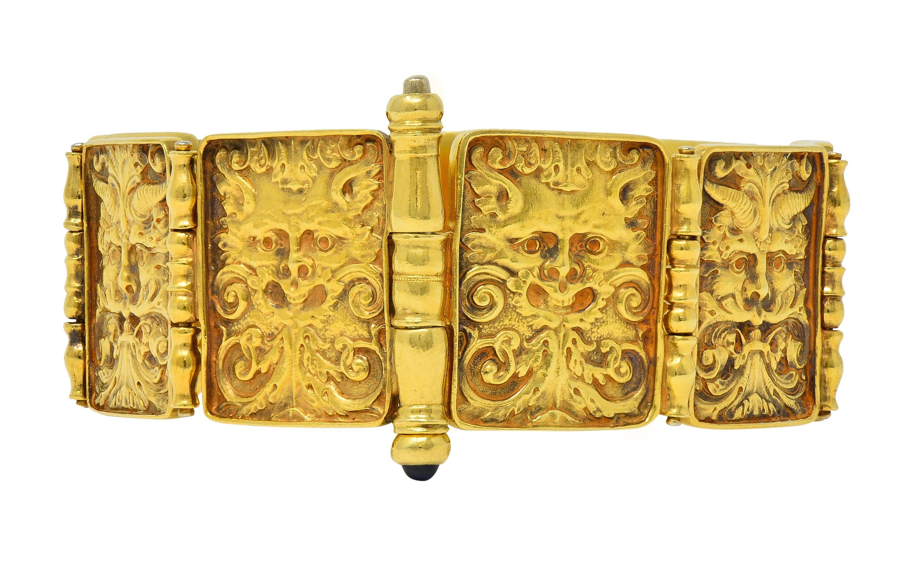 Paul Lantuch 18 Karat Yellow Gold Grotesque Mask Relief Panel Link Bracelet 5