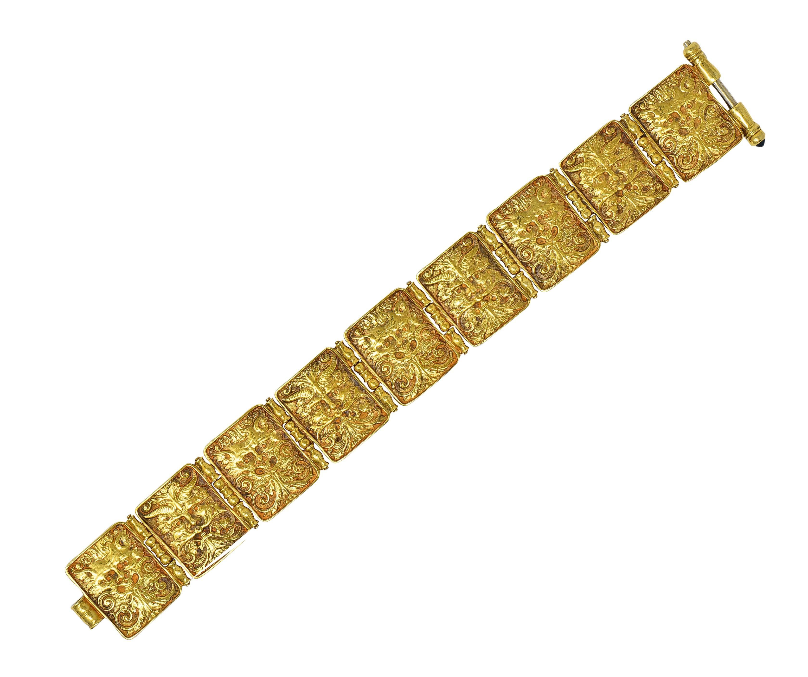 Contemporary Paul Lantuch 18 Karat Yellow Gold Grotesque Mask Relief Panel Link Bracelet