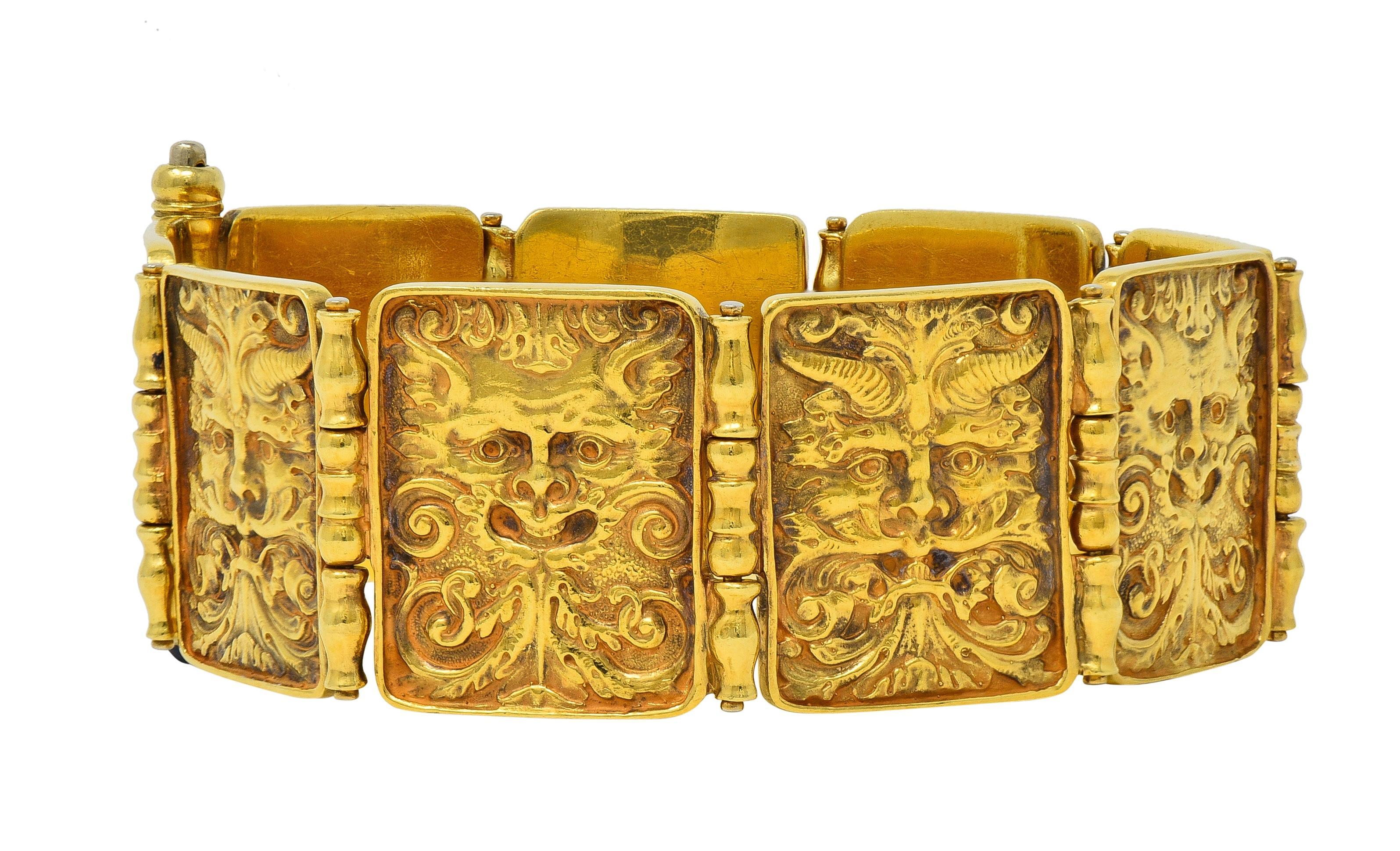 Cabochon Paul Lantuch 18 Karat Yellow Gold Grotesque Mask Relief Panel Link Bracelet