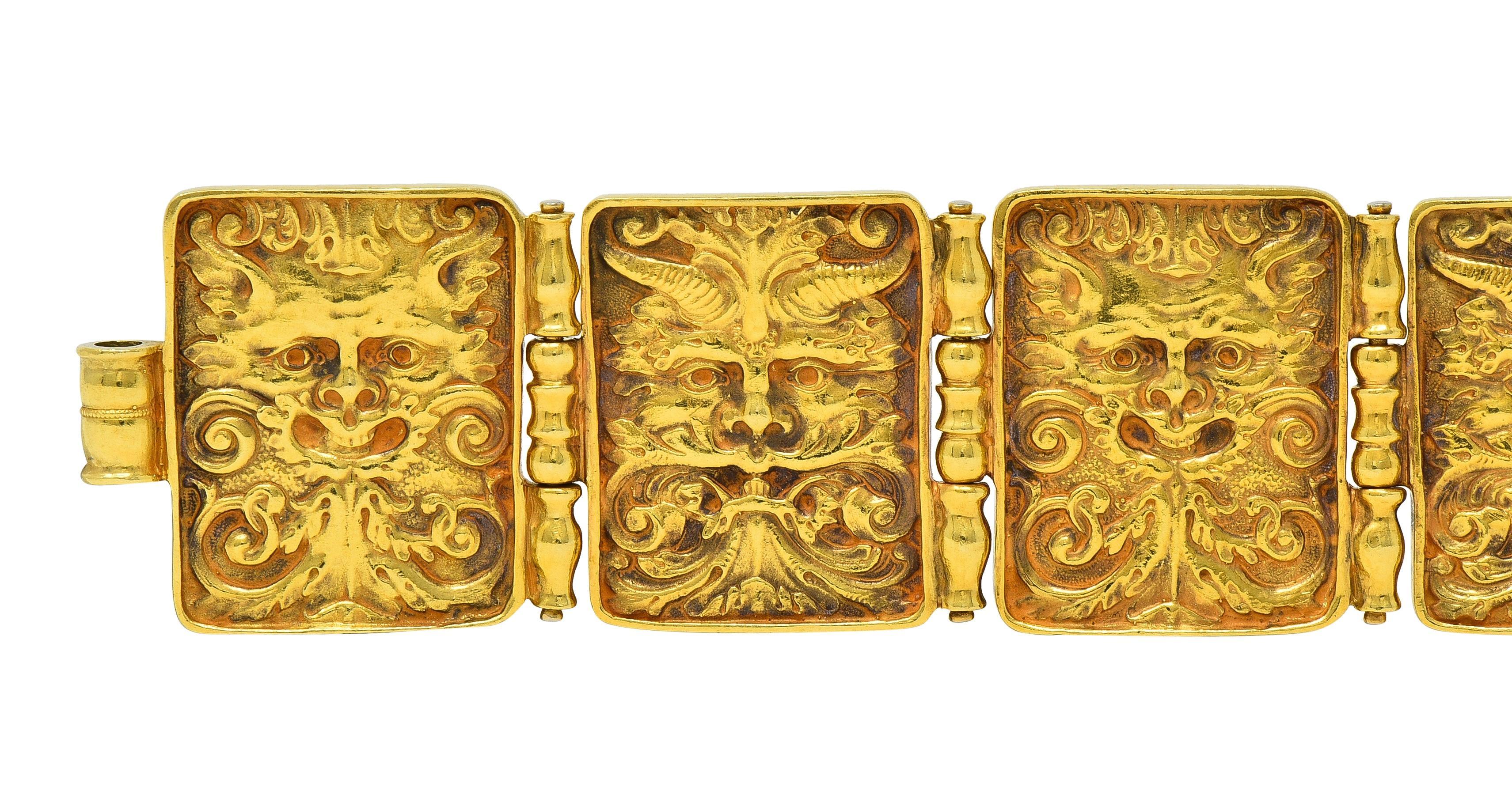 Paul Lantuch 18 Karat Yellow Gold Grotesque Mask Relief Panel Link Bracelet In Excellent Condition In Philadelphia, PA