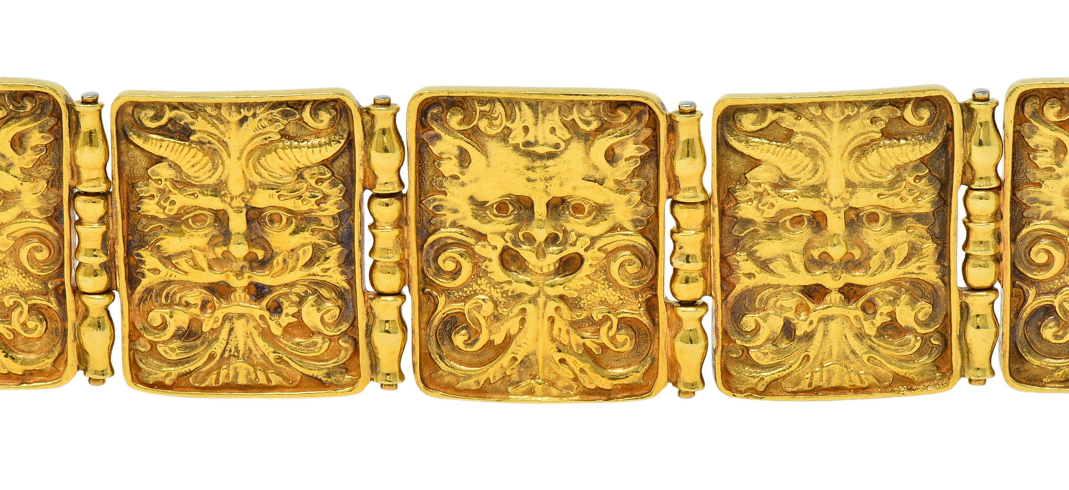 Women's or Men's Paul Lantuch 18 Karat Yellow Gold Grotesque Mask Relief Panel Link Bracelet