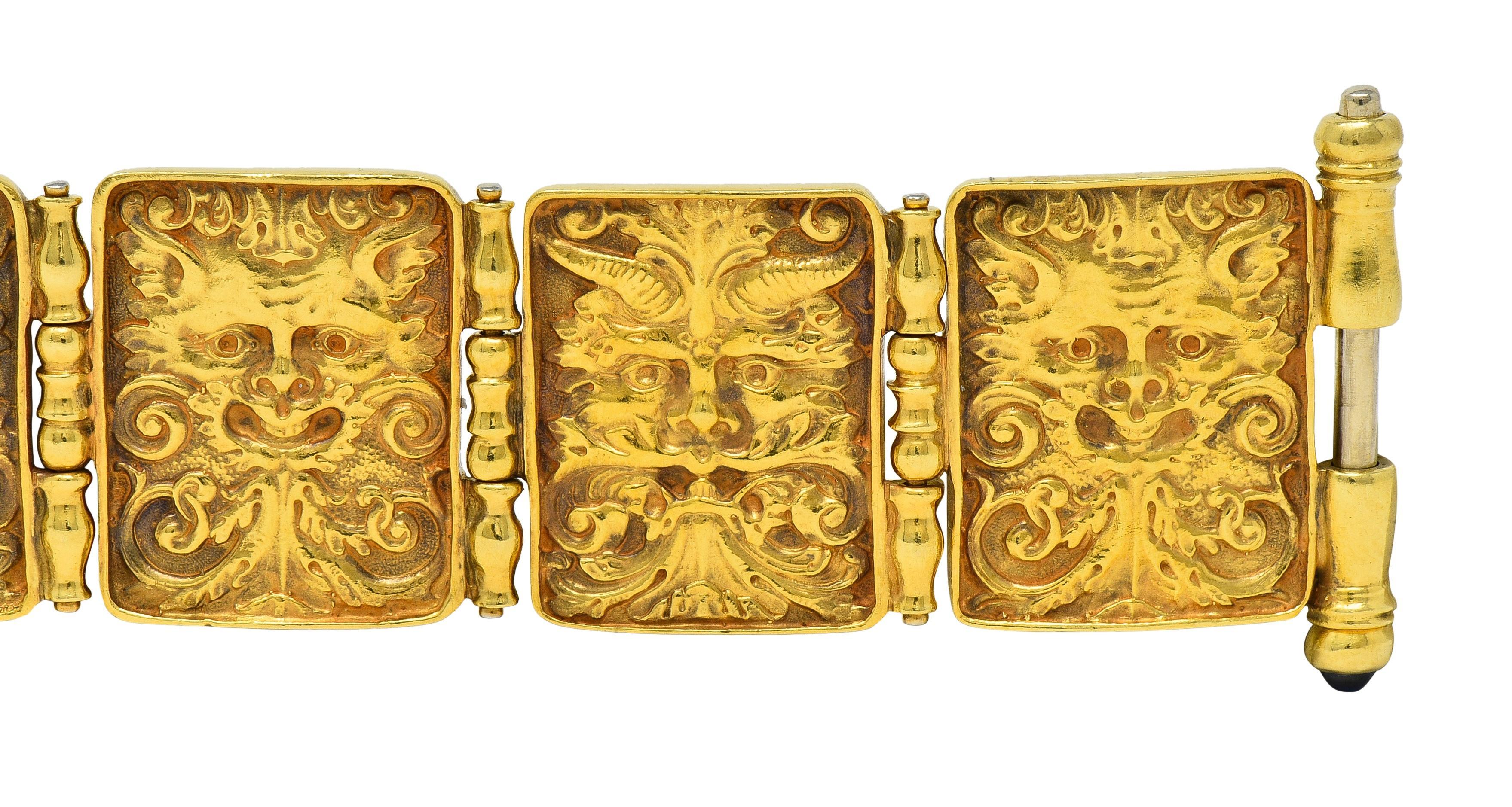 Paul Lantuch 18 Karat Yellow Gold Grotesque Mask Relief Panel Link Bracelet 1
