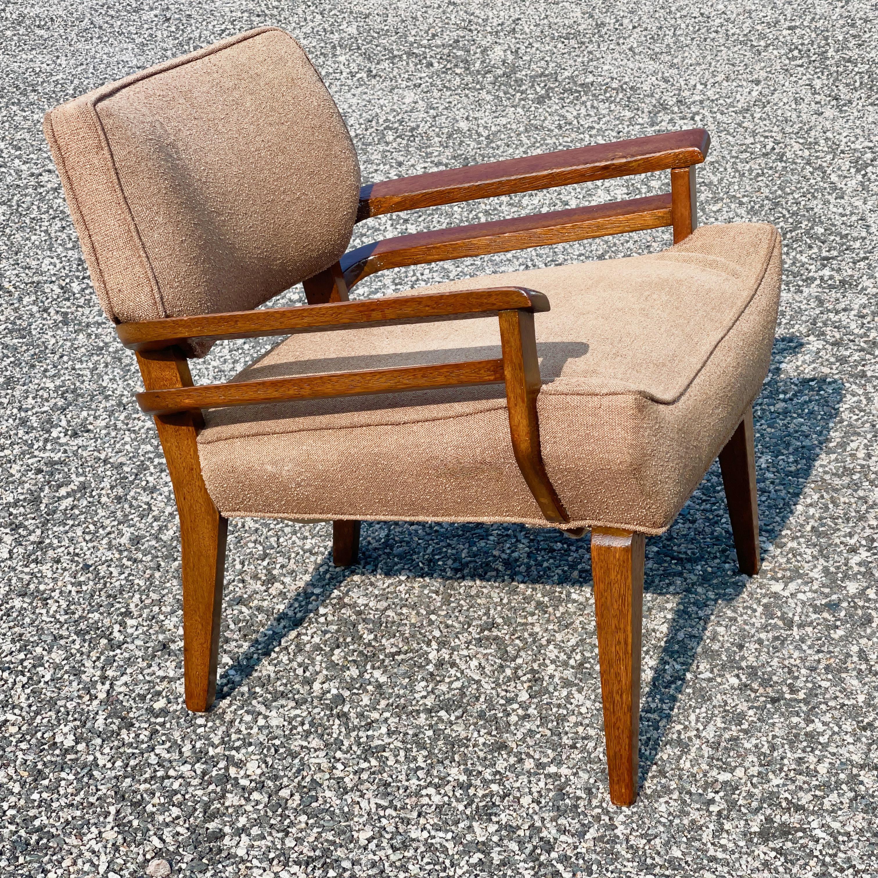 California modern chair designed by Paul Laszlo for Brown Saltman.  Oak frame with distinctive double armrests.  Tightened and refinished.  Awaiting your recovering. 