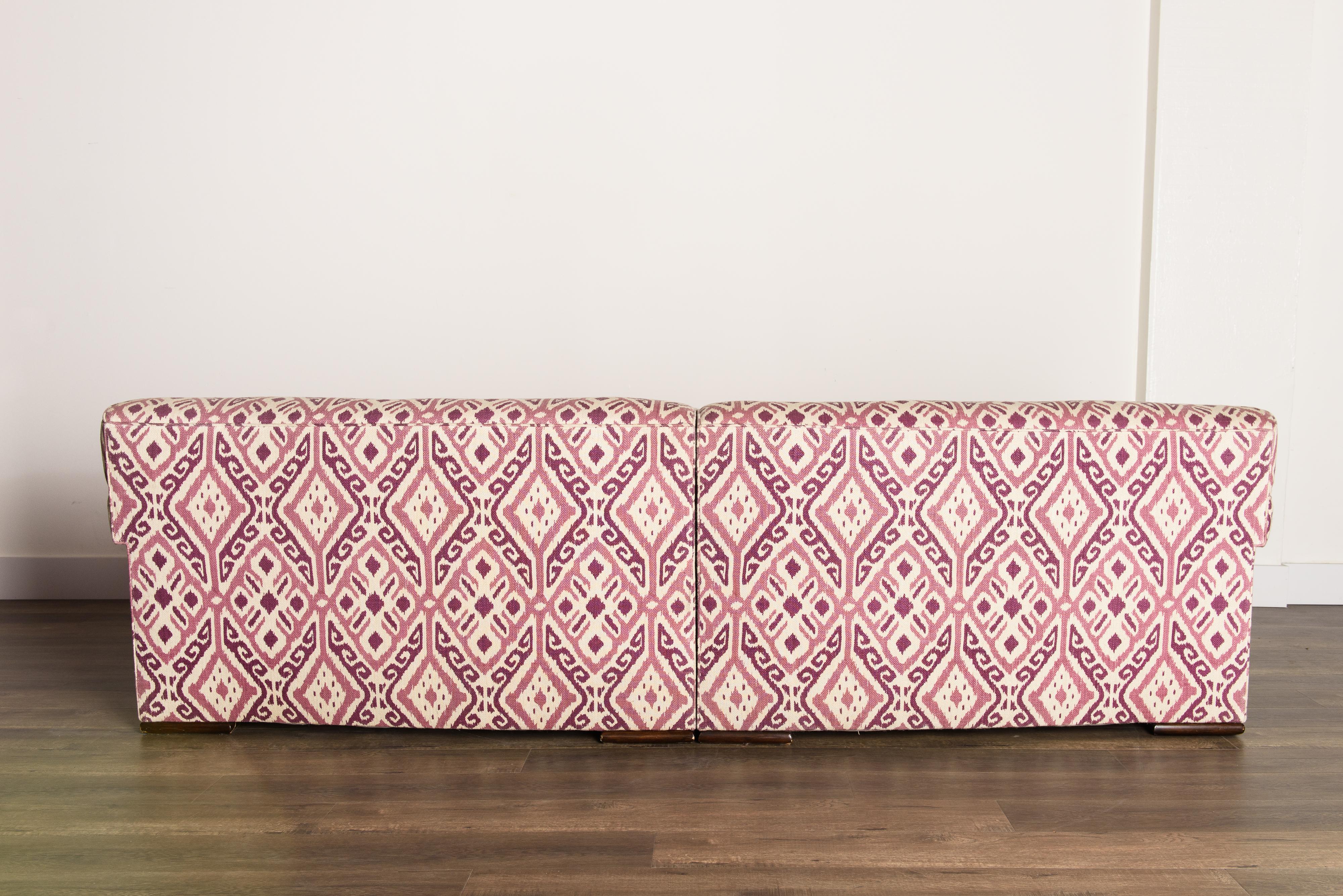 Paul Laszlo Attributed Curved Sectional Sofa Reupholstered in Pink Ikat Fabric For Sale 1