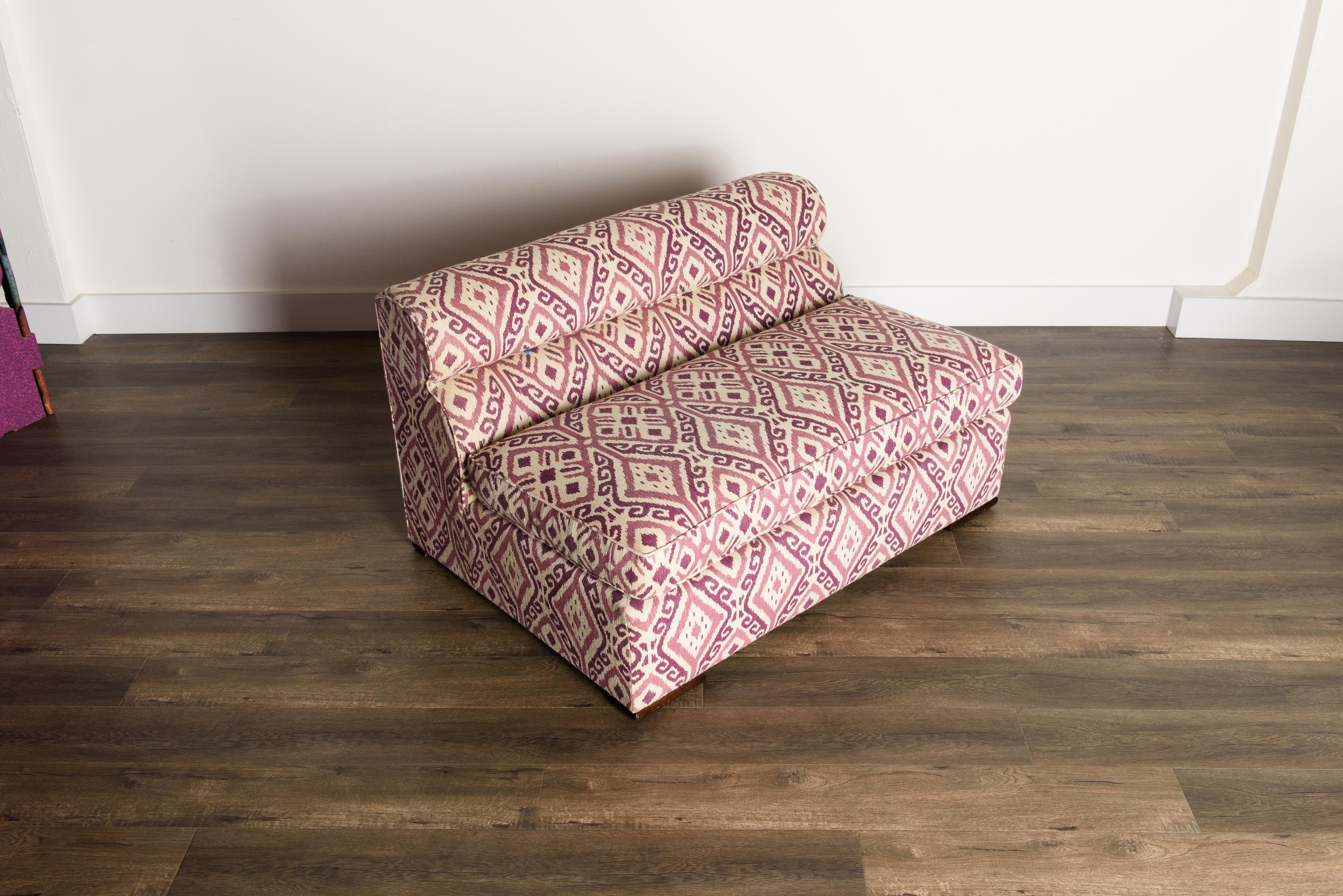 Paul Laszlo Attributed Curved Sectional Sofa Reupholstered in Pink Ikat Fabric For Sale 3