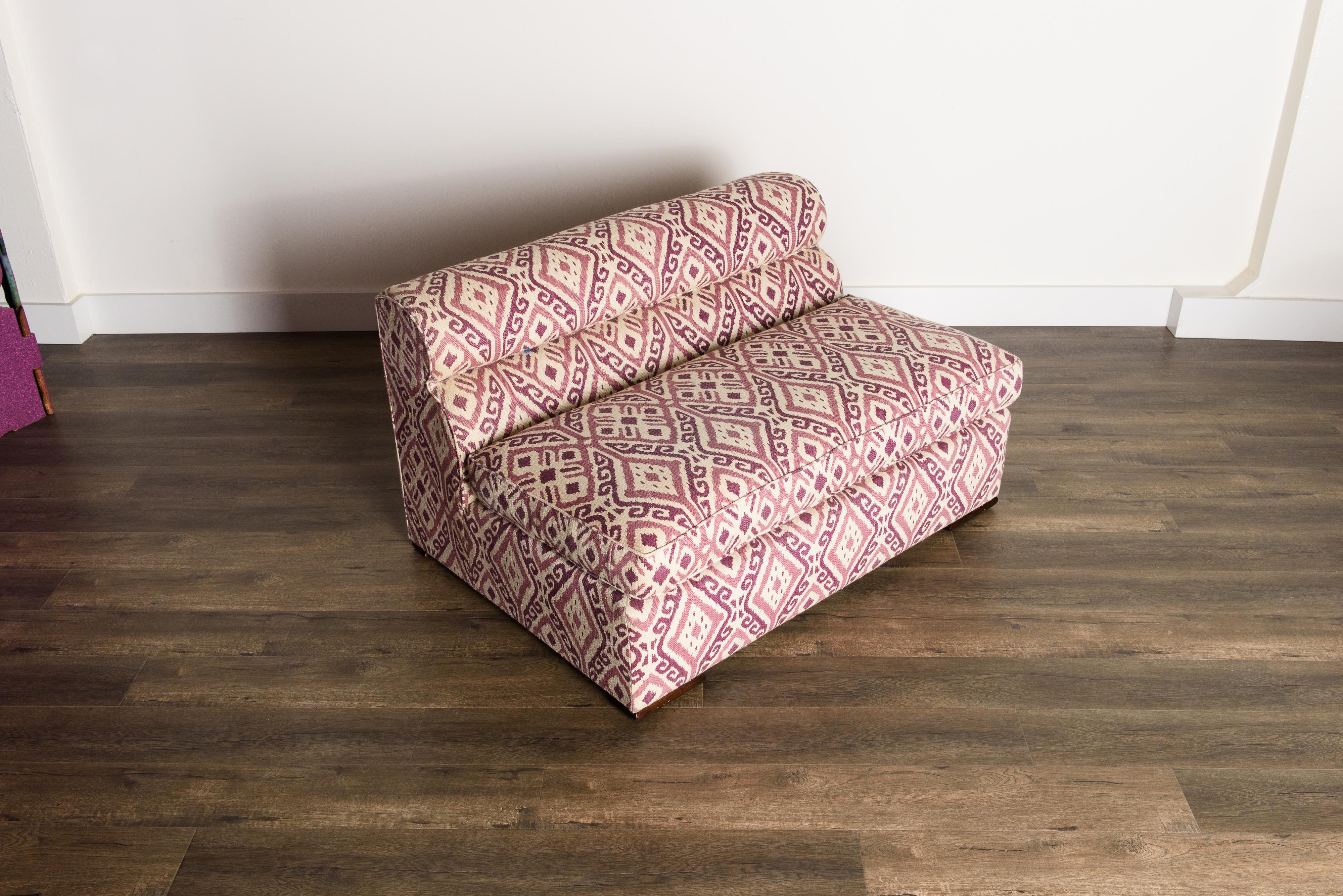 Paul Laszlo Attributed Curved Sectional Sofa Reupholstered in Pink Ikat Fabric 3
