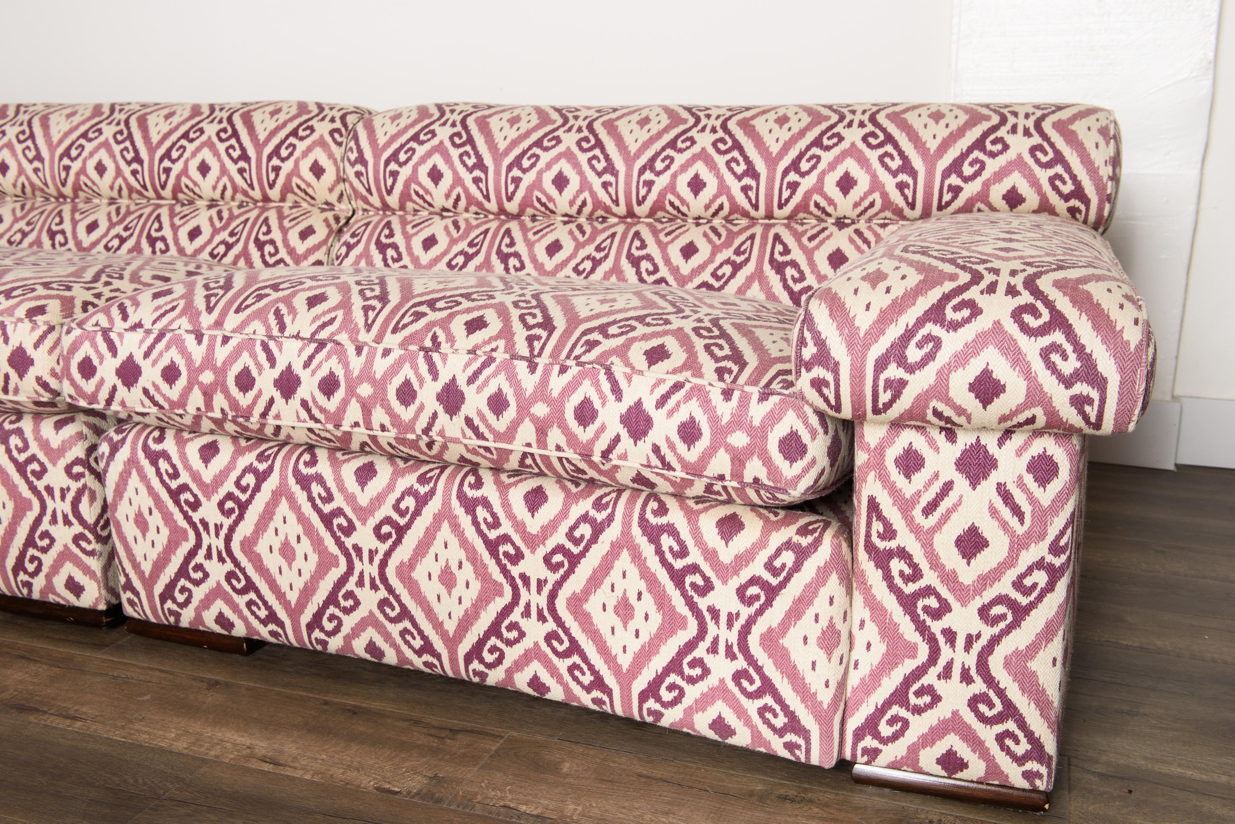 Paul Laszlo Attributed Curved Sectional Sofa Reupholstered in Pink Ikat Fabric For Sale 10