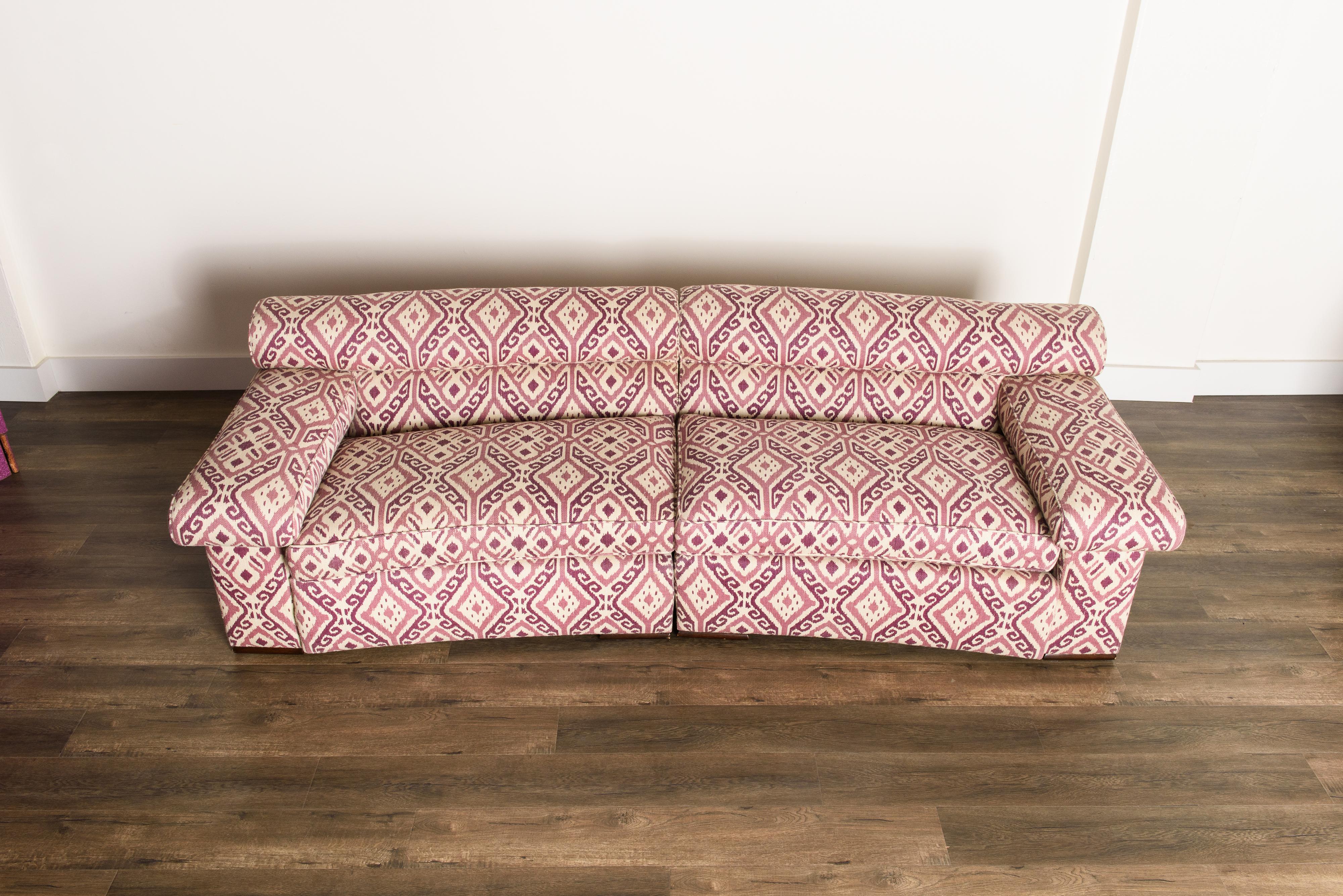 Mid-Century Modern Paul Laszlo Attributed Curved Sectional Sofa Reupholstered in Pink Ikat Fabric For Sale