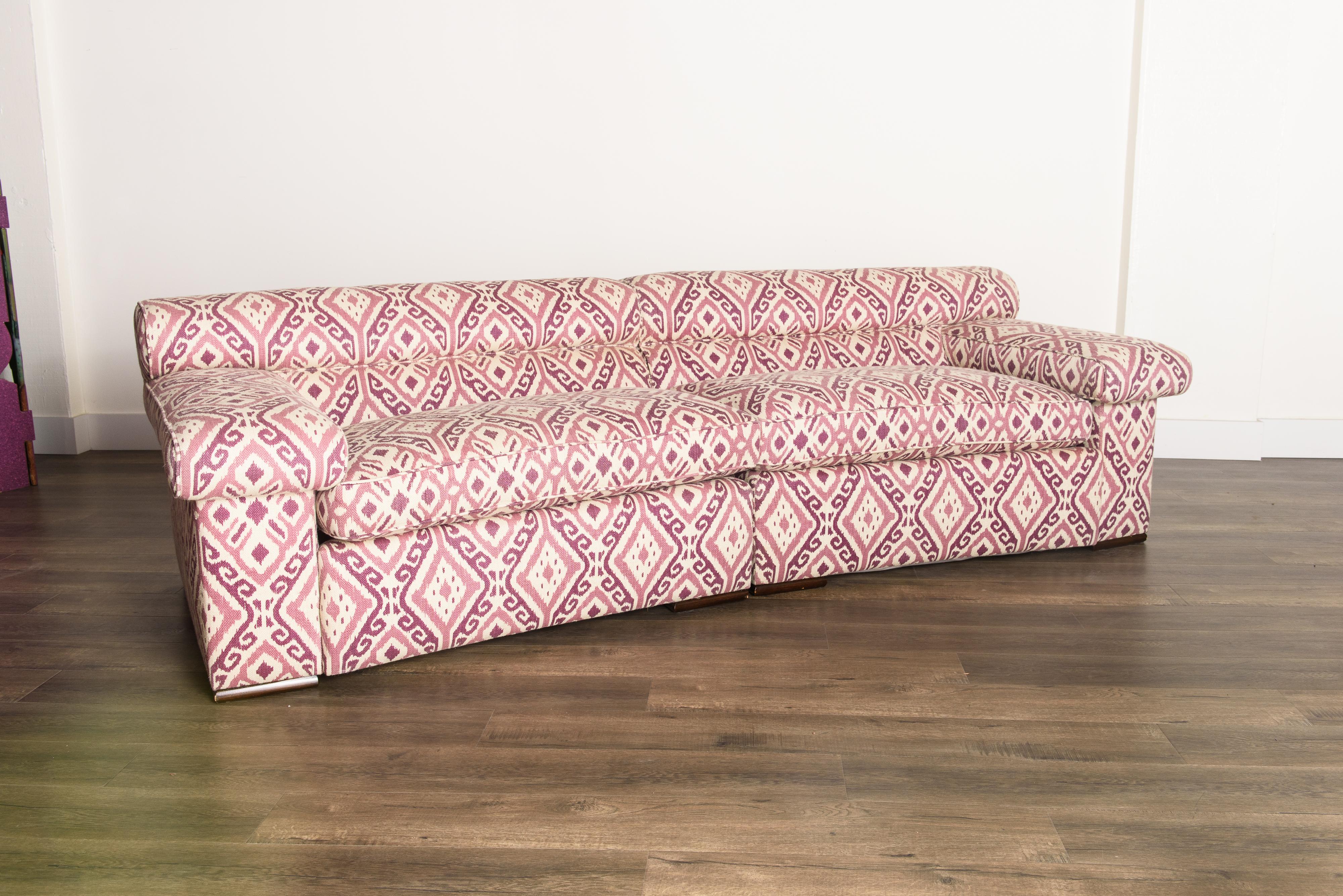 American Paul Laszlo Attributed Curved Sectional Sofa Reupholstered in Pink Ikat Fabric For Sale