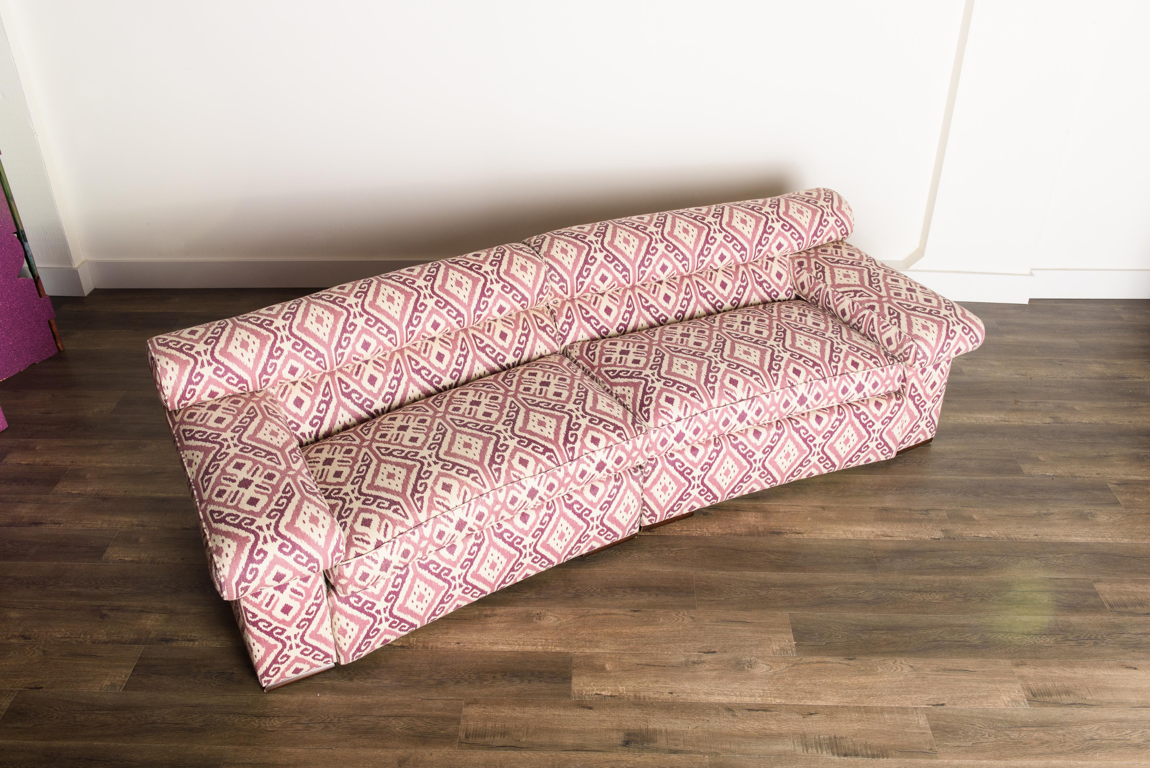 Paul Laszlo Attributed Curved Sectional Sofa Reupholstered in Pink Ikat Fabric In Excellent Condition For Sale In Los Angeles, CA