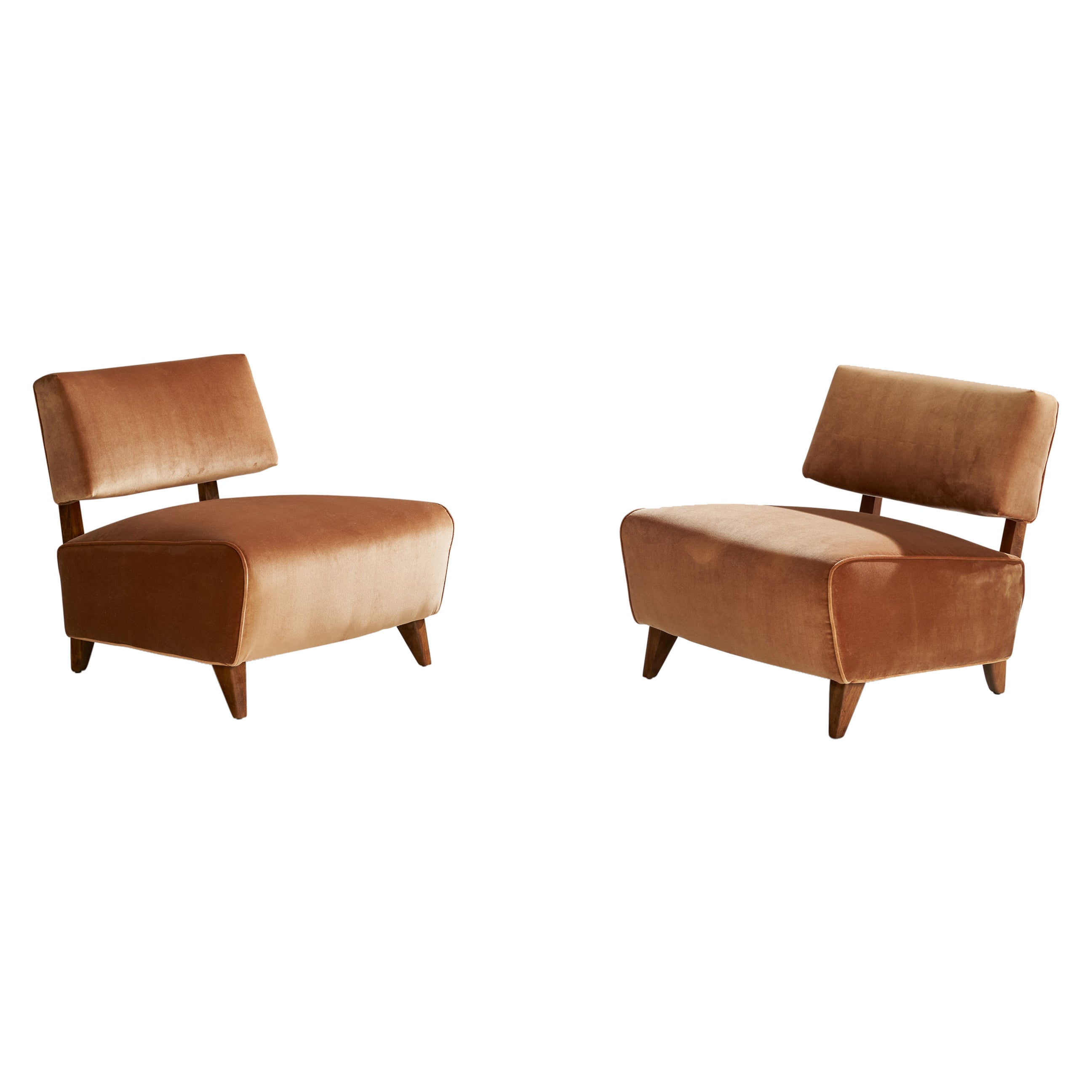 Paul Laszlo Attribution, Slipper Chairs, Oak, Velvet, USA, 1940s