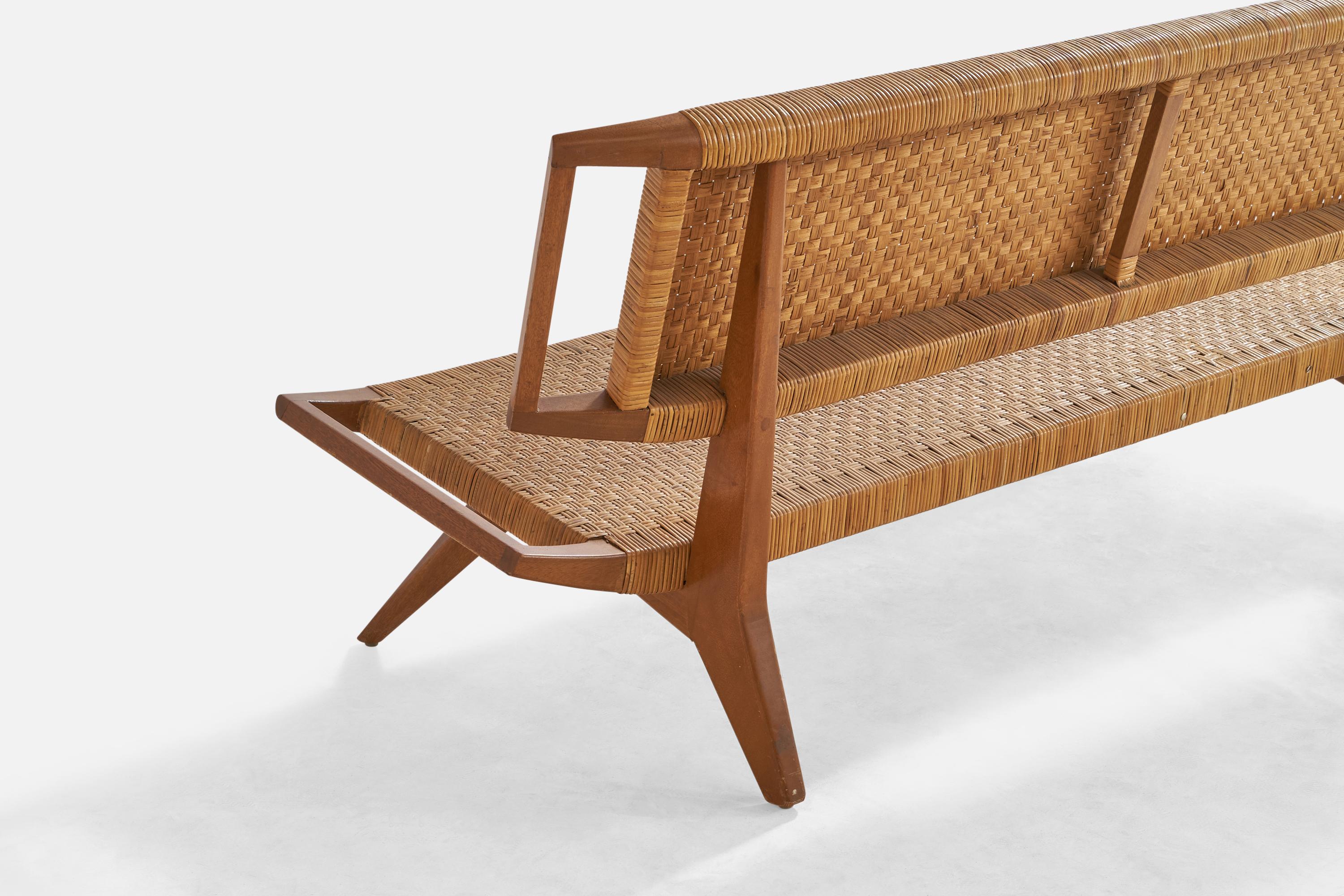 Paul Laszlo, Bench, Mahogany, Rattan, 1950s In Good Condition For Sale In High Point, NC