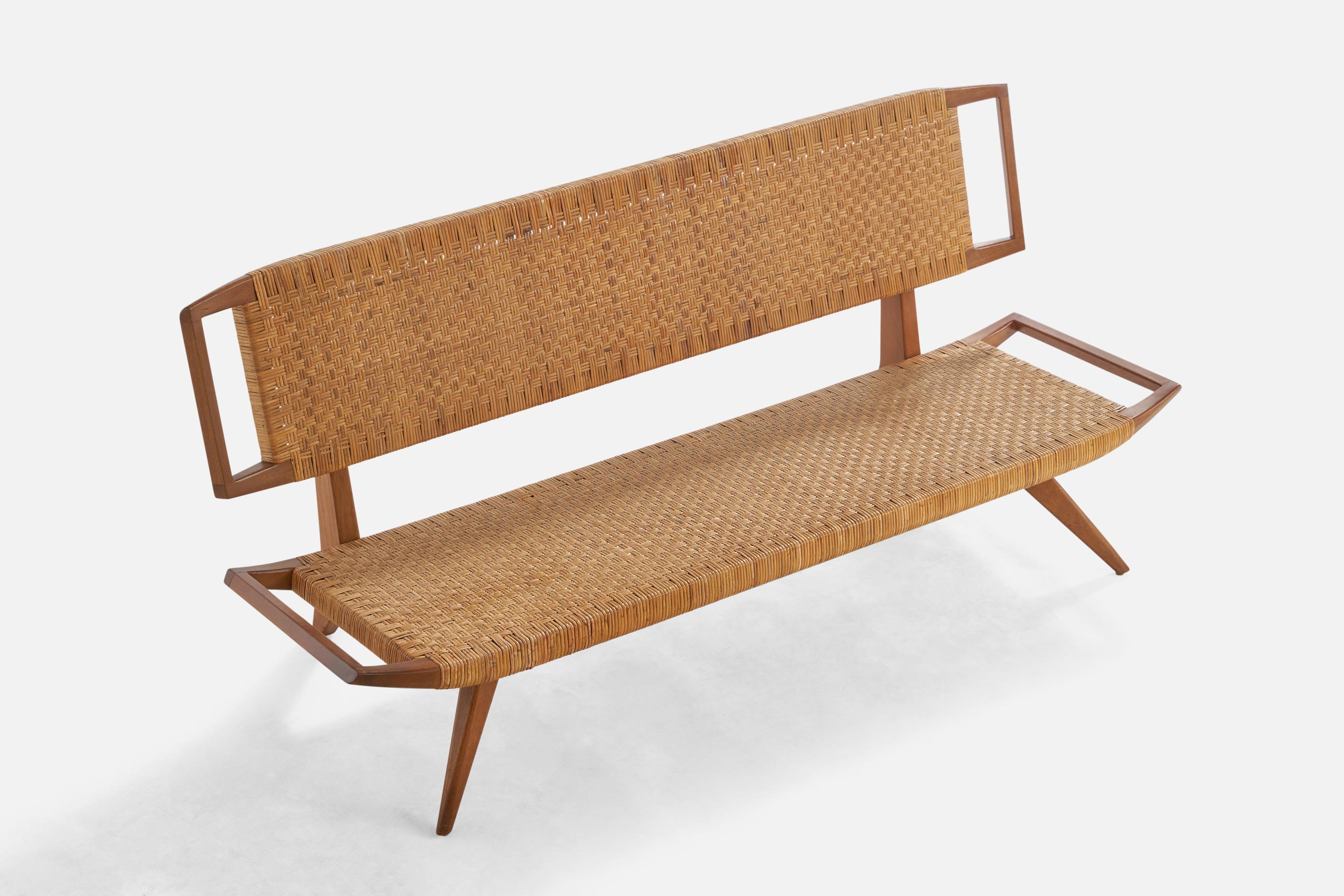 Mid-20th Century Paul Laszlo, Bench, Mahogany, Rattan, 1950s For Sale