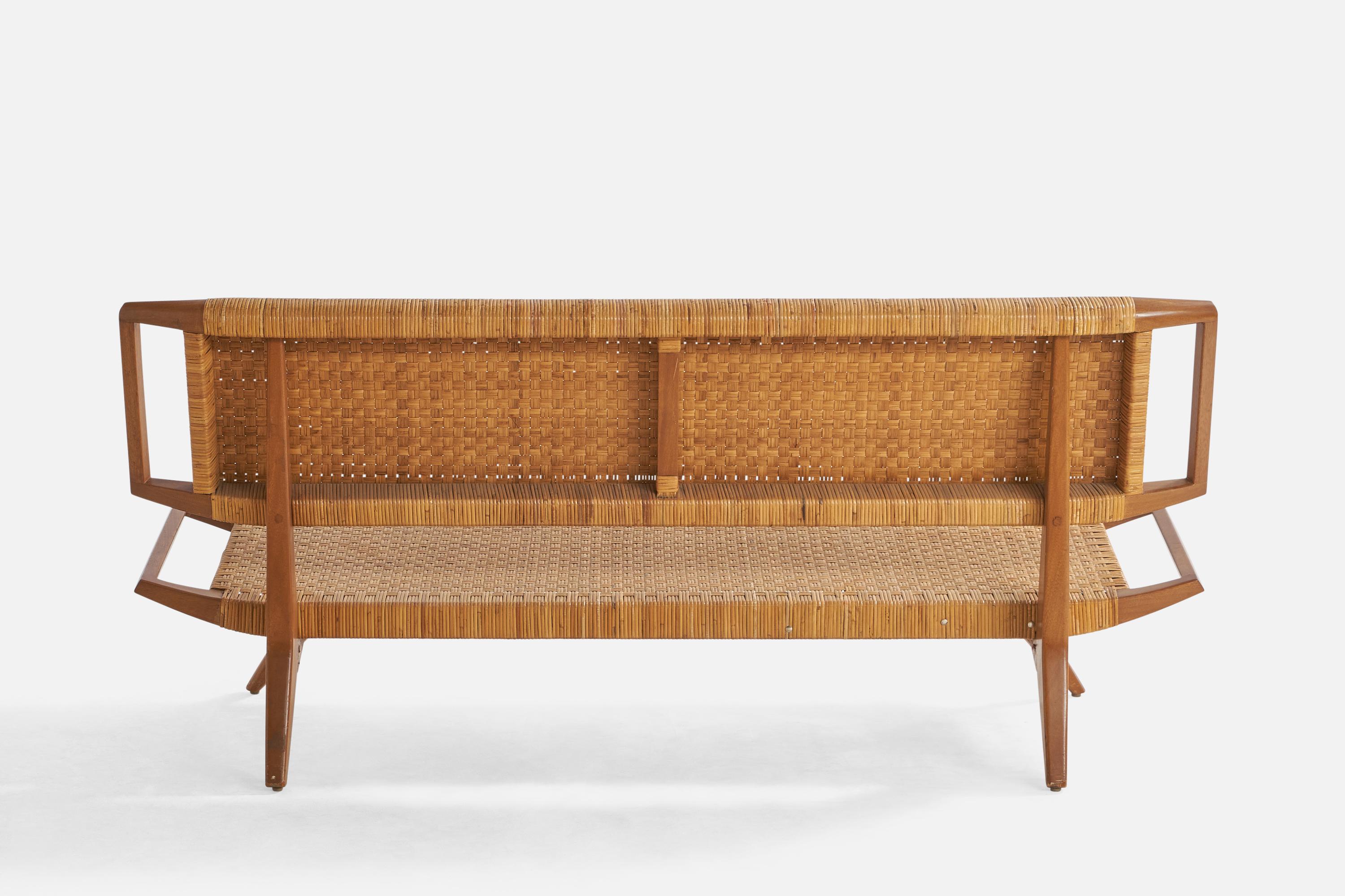 Paul Laszlo, Bench, Mahogany, Rattan, 1950s For Sale 1