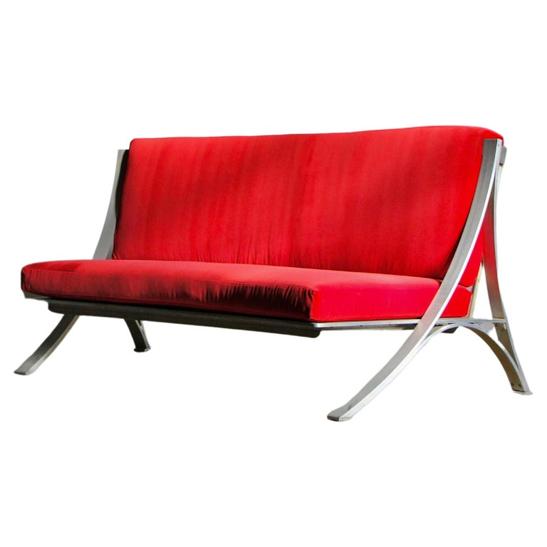 Paul Laszlo Custom Curved Aluminum and Velvet Settee Sofa For Sale at