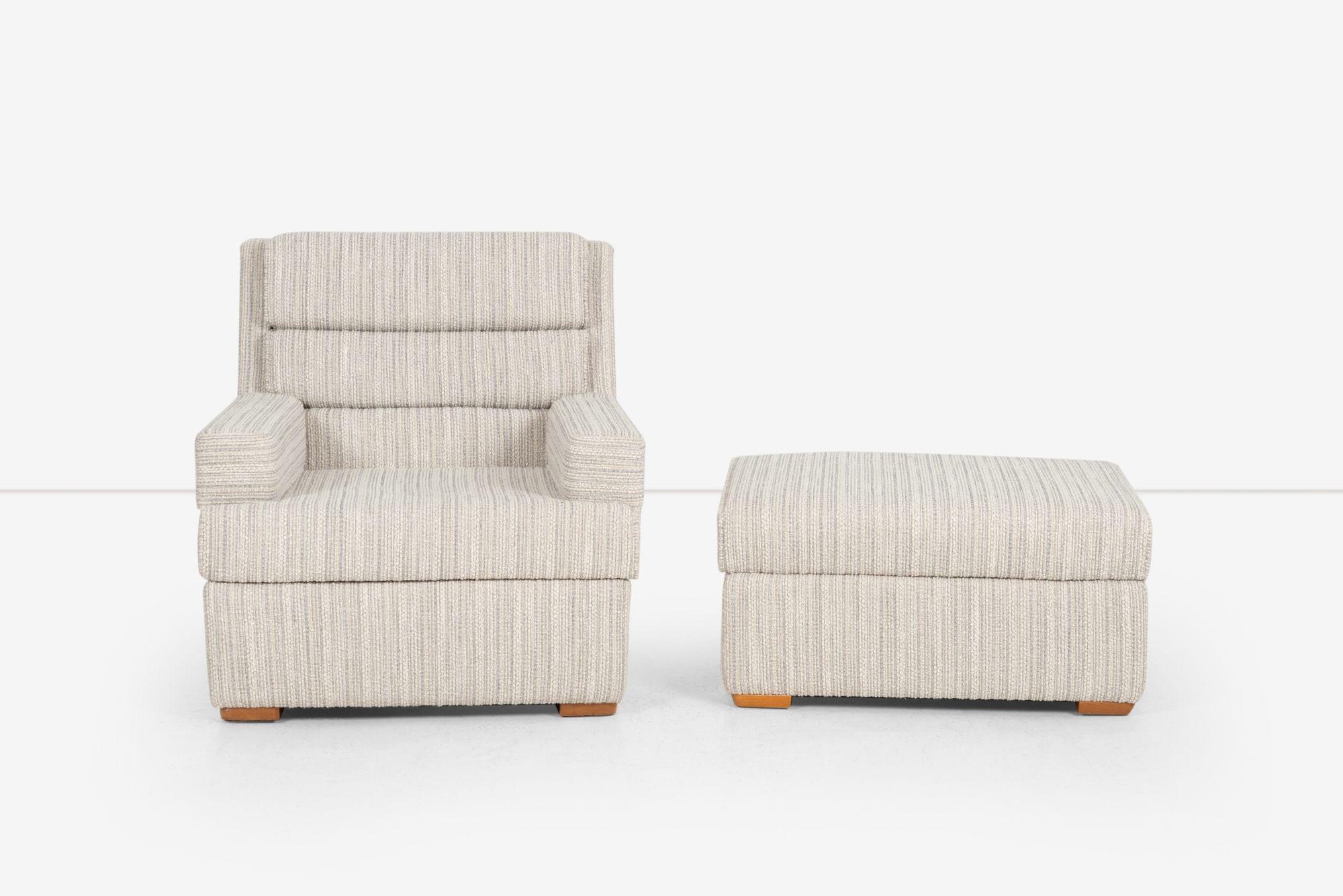 Paul Laszlo for Brown Saltman Lounge and Chair and Ottoman.
The Max comfort Chair has a channeled back with large padded armrests, The Ottoman is customized to match the chair.
We reupholstered it with Great Plains heavy textured cotton-poly fabric