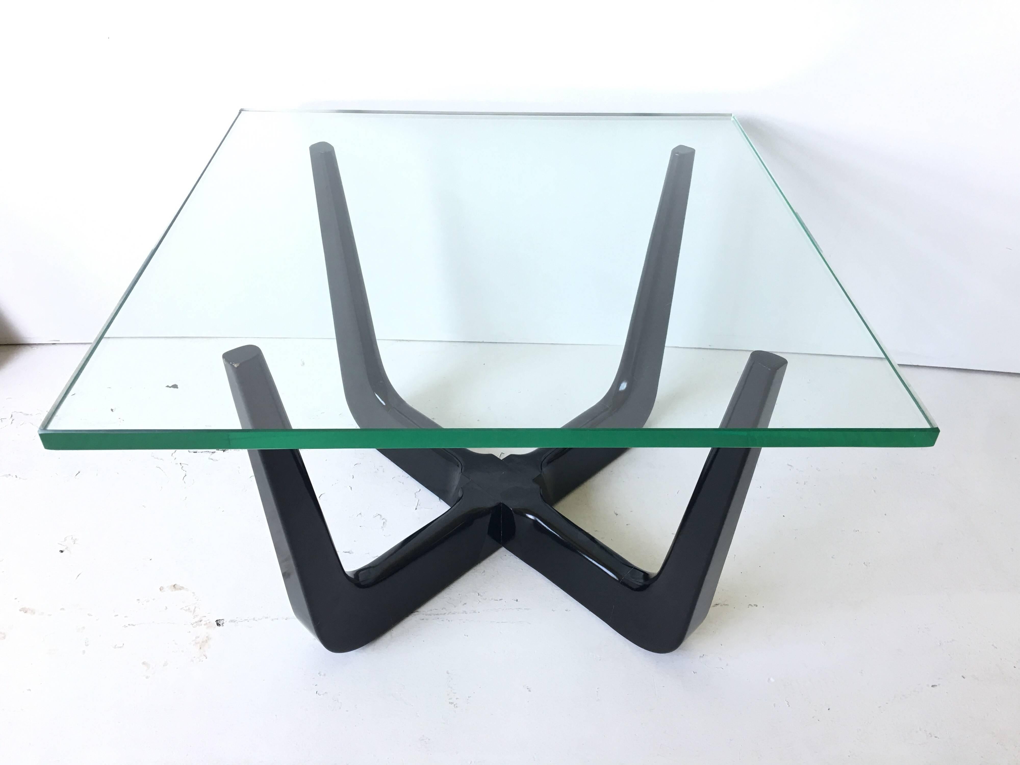 This is a wonderful reverse spider leg end table attributed to Paul Laszlo for Brown Saltman. It is out of a commissioned Laszlo interior that was close to St. Louis. It features original black lacquer base. It also retains its orig. 3/4