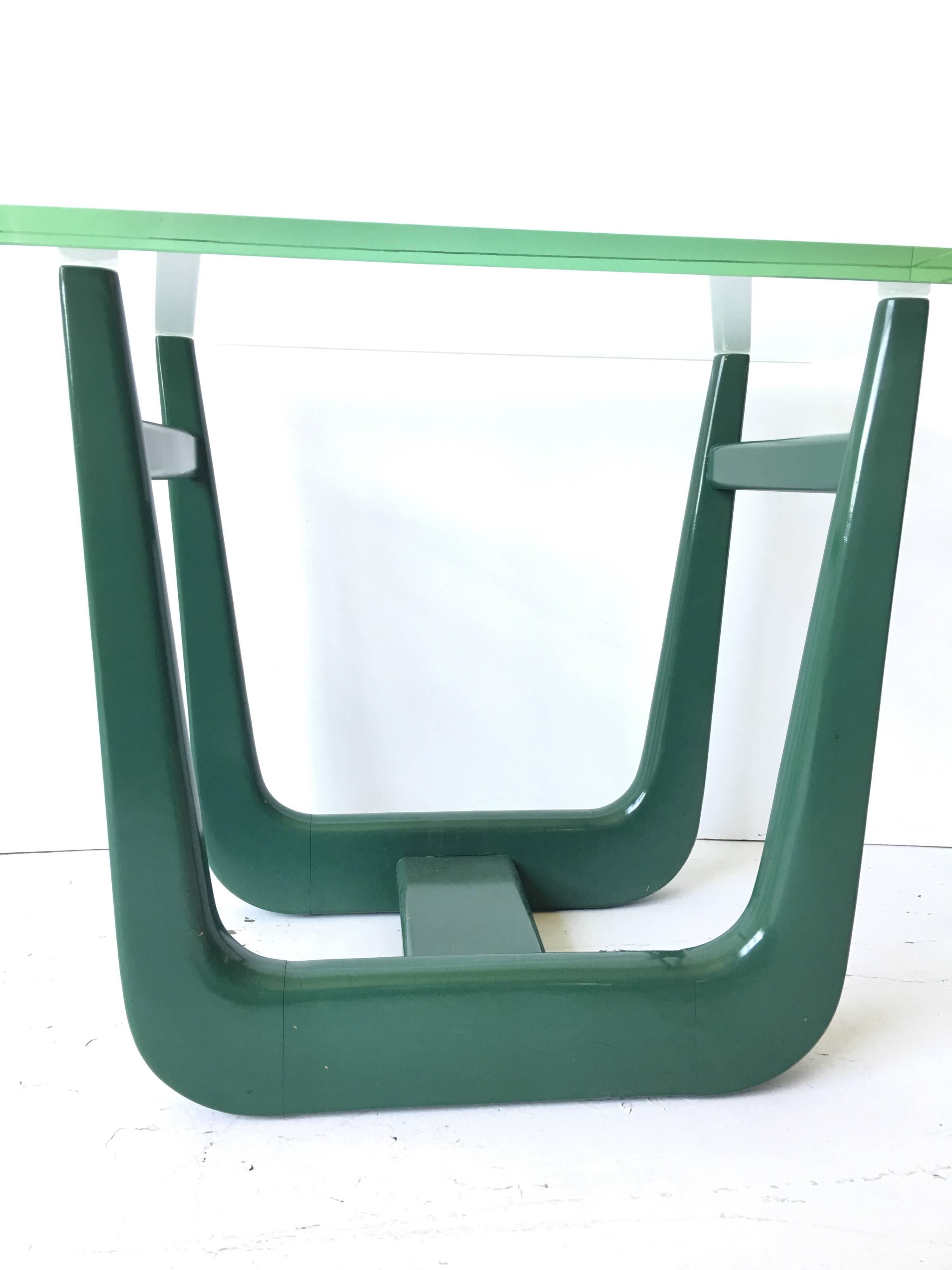 This is a fantastic original spider leg end table attributed to Paul Laszlo for Brown Saltman. It comes from a Laszlo interior from circa 1950, outside of St. Louis. It features its orig. Green Lacquer base. It also has its original 3/4