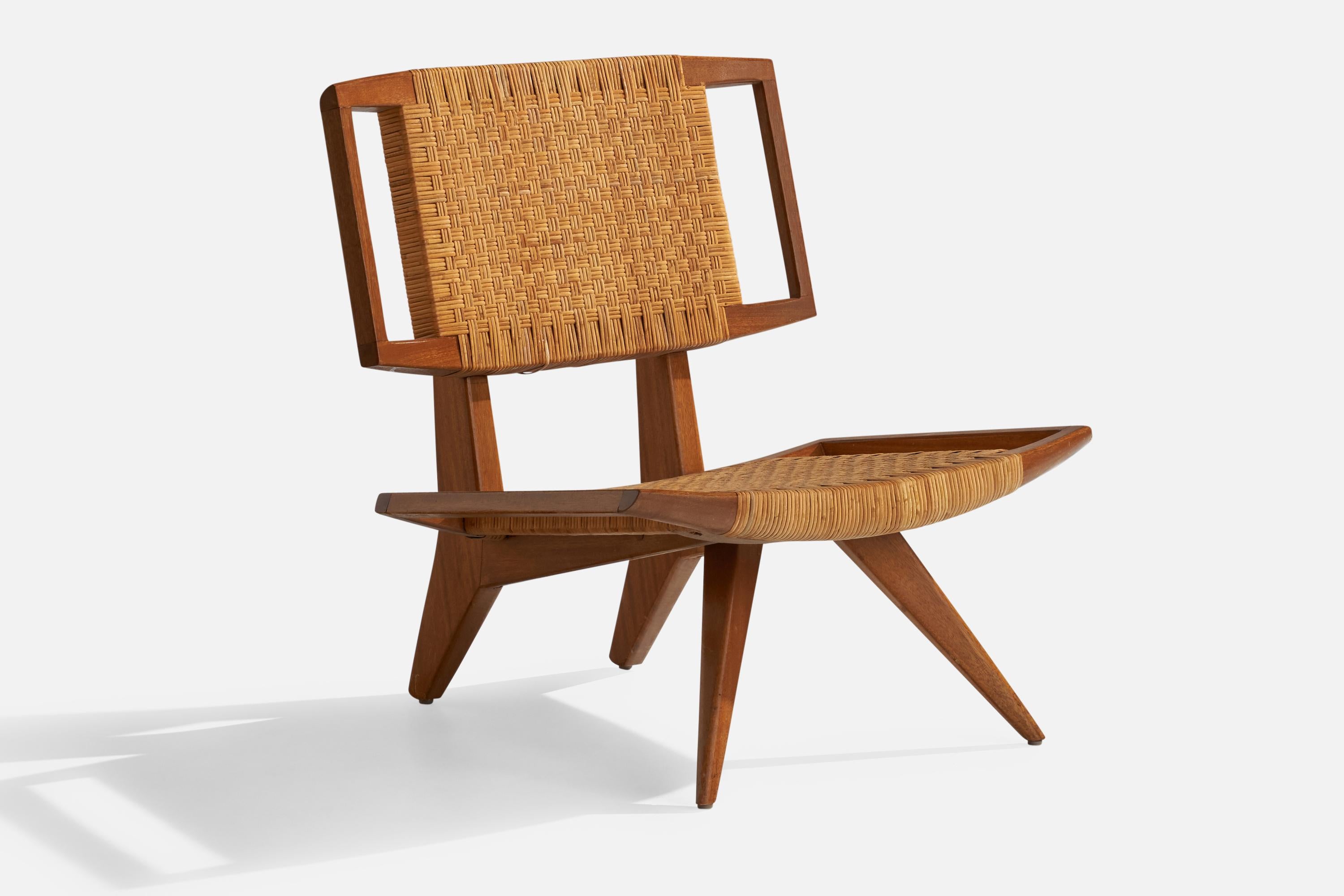 Tumbona de caoba y ratán diseñada por Paul László y producida por Glenn of California, EE.UU., años 50.

Altura del asiento 14,5
 