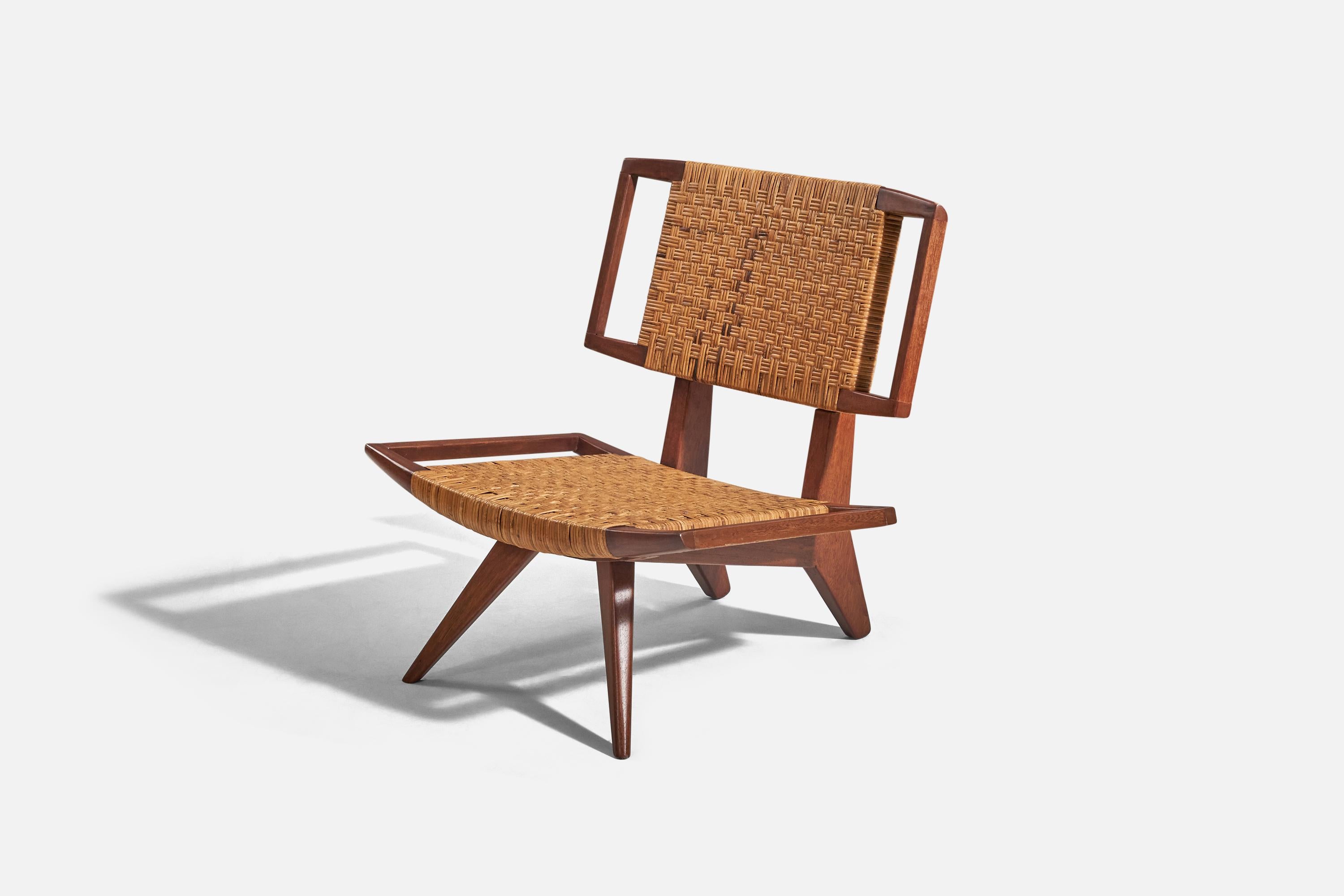 Mid-Century Modern Paul László, chaise longue, acajou, rotin, États-Unis, années 1950