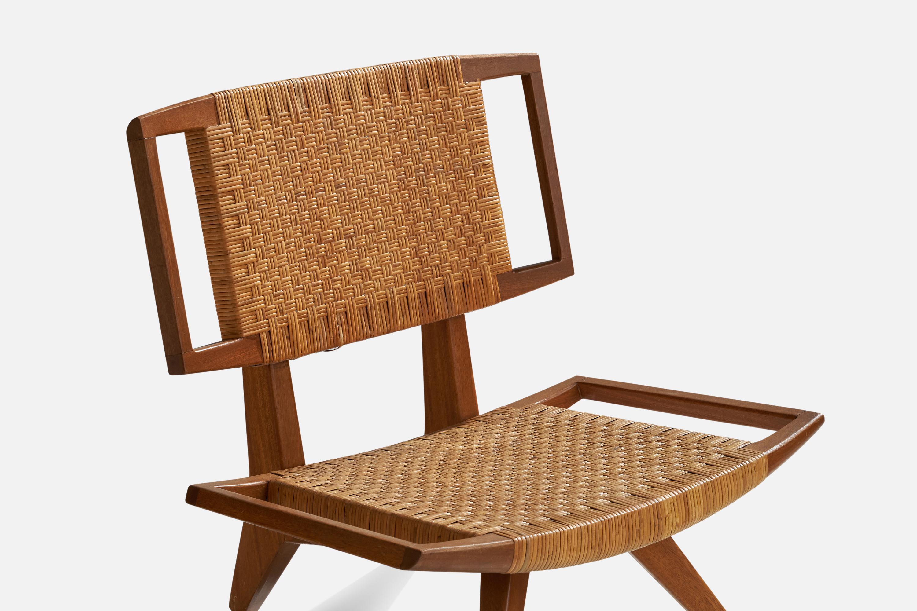 Paul László, Silla de salón, caoba, ratán, EE.UU., años 50 Moderno de mediados de siglo