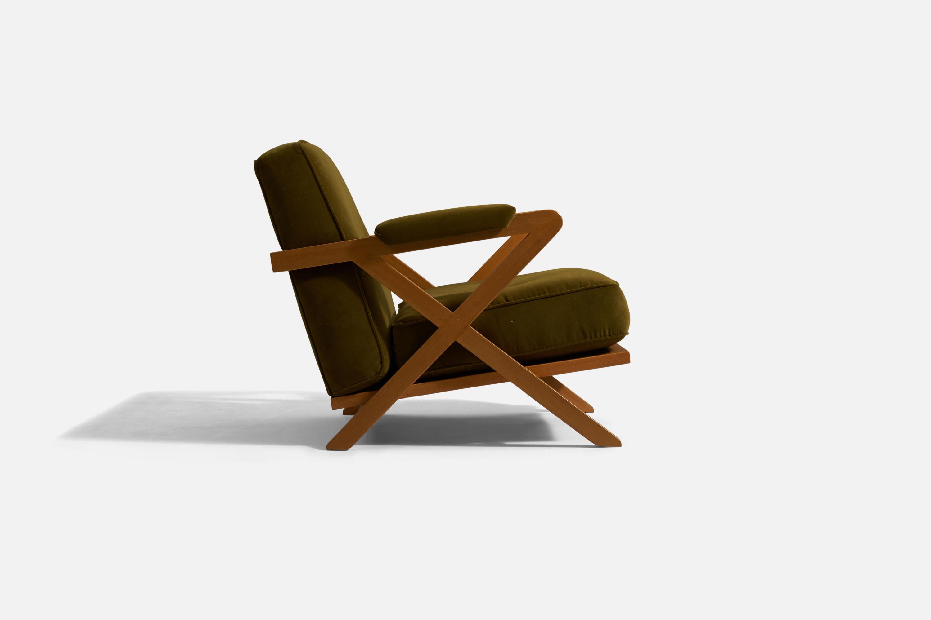 Mid-Century Modern Paul László, Lounge Chair, Oak, Green Velvet, Brown Saltman United States, 1950s