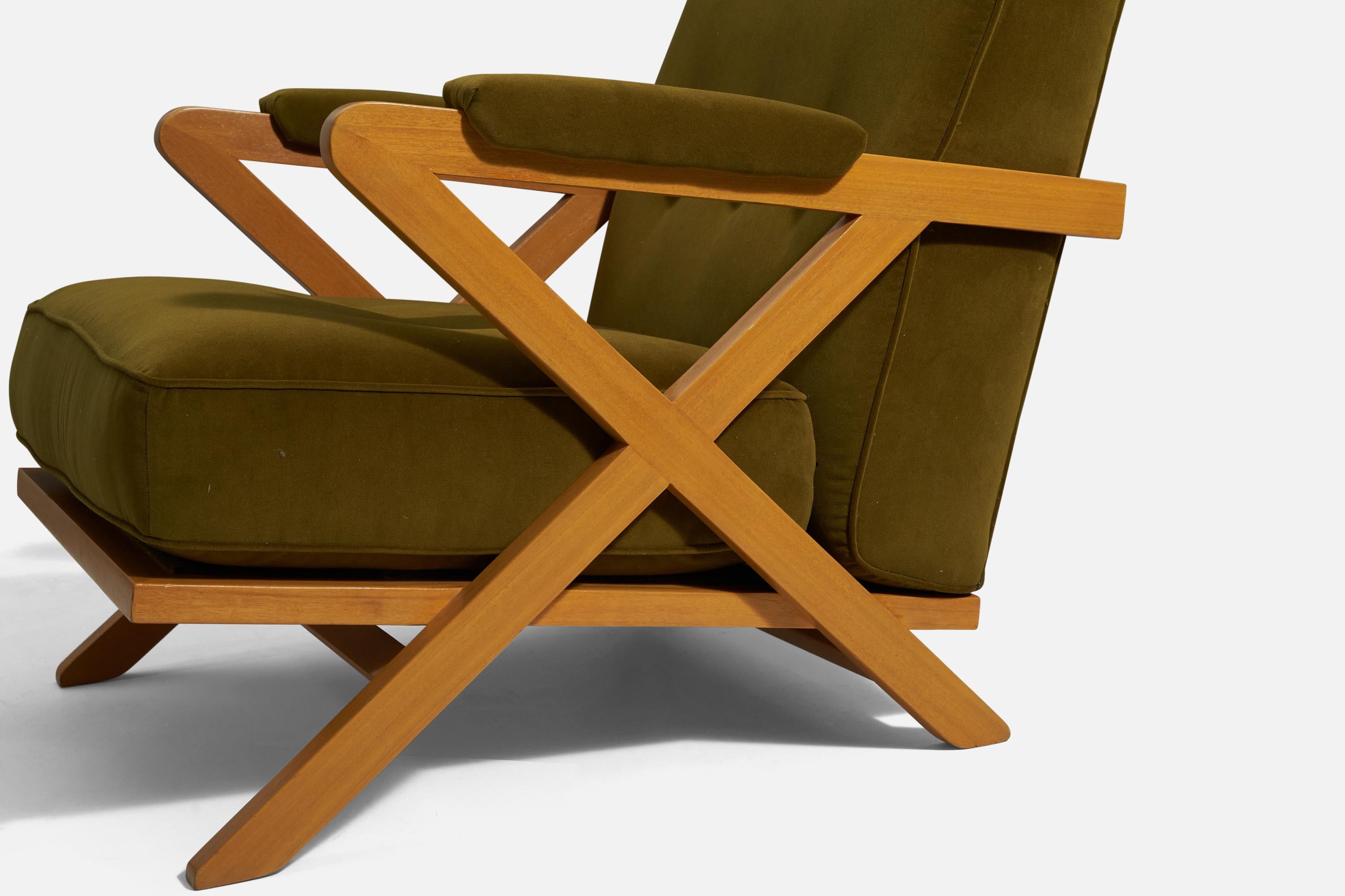 American Paul László, Lounge Chair, Oak, Green Velvet, Brown Saltman United States, 1950s