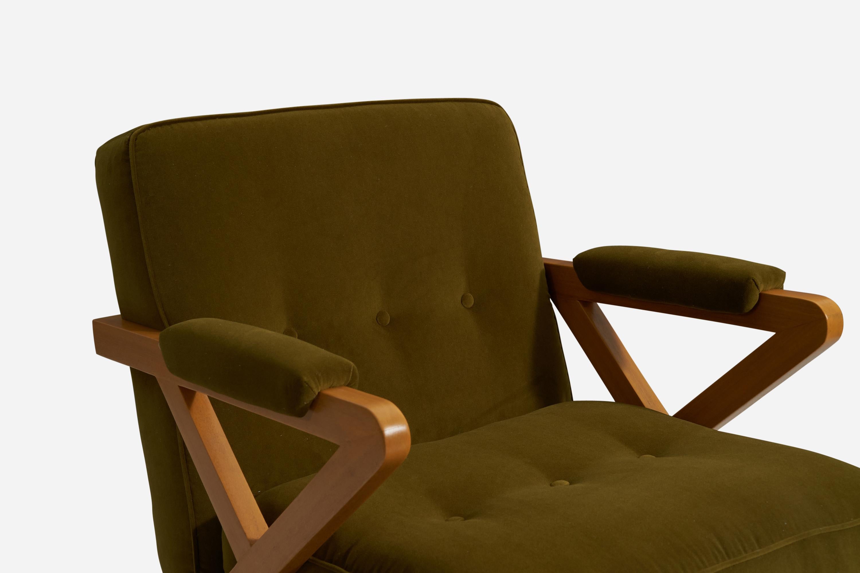 Paul László, Lounge Chair, Oak, Green Velvet, Brown Saltman United States, 1950s In Good Condition In High Point, NC