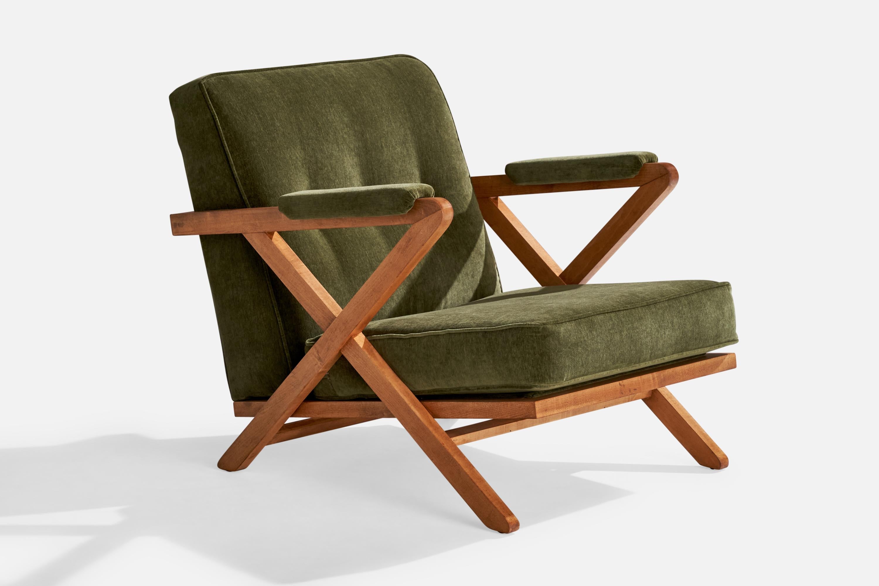 An oak and green velvet lounge chair designed by Paul Laszlo and produced by Brown Saltman, USA, c. 1950s.

Dimensions: 30” H x 30” W x 34.5” D