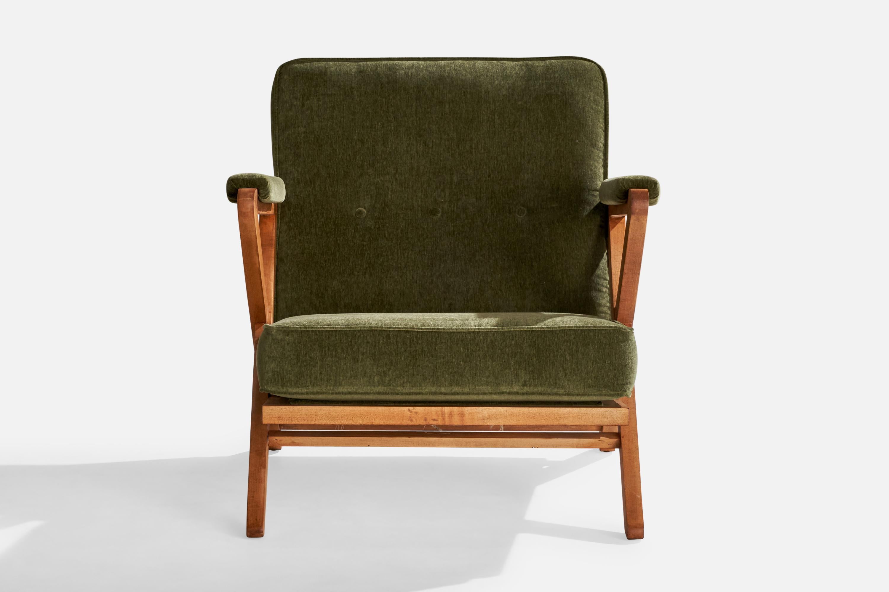 Mid-Century Modern Paul Laszlo, Lounge Chair, Oak, Velvet, USA, 1950s For Sale