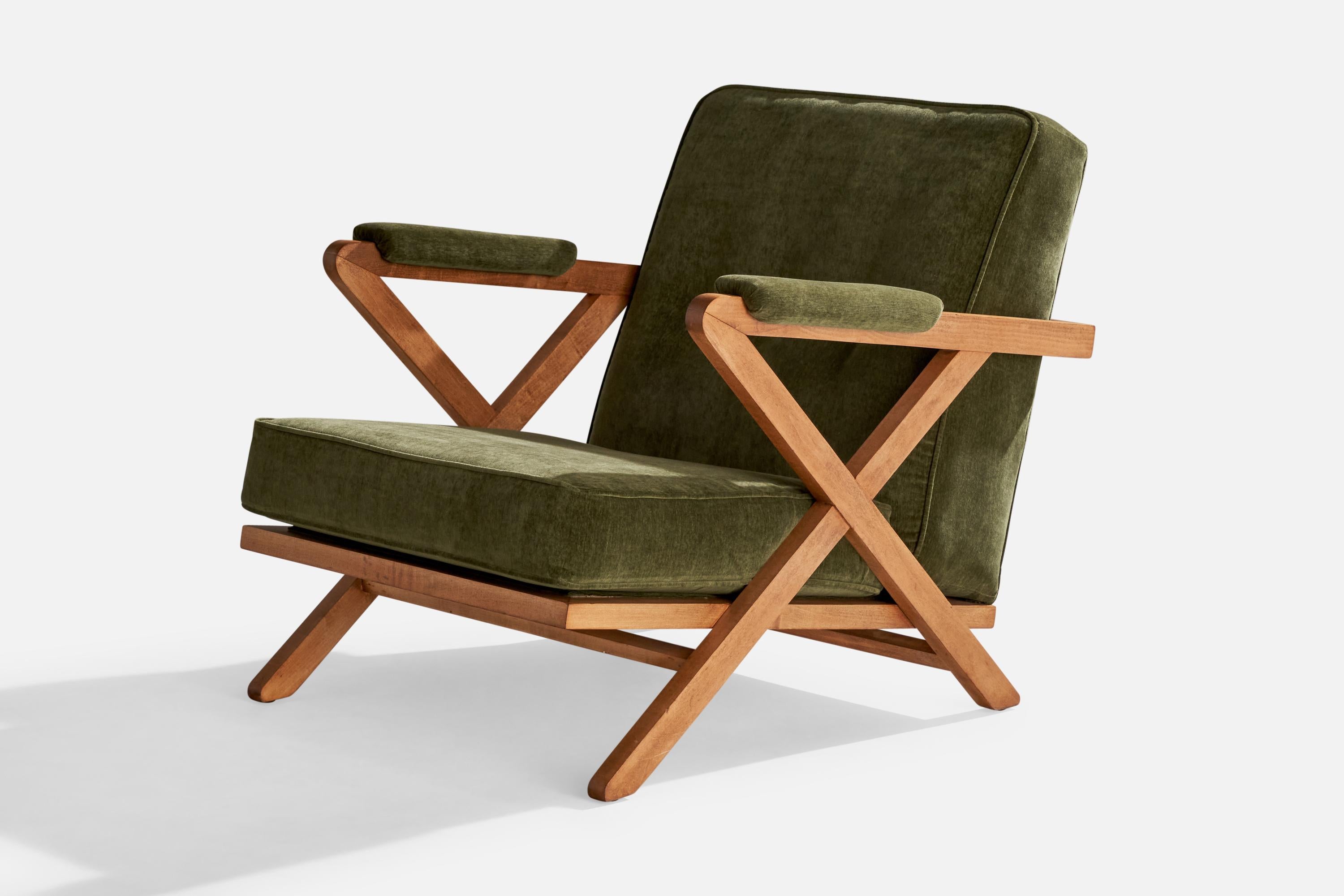 American Paul Laszlo, Lounge Chair, Oak, Velvet, USA, 1950s For Sale