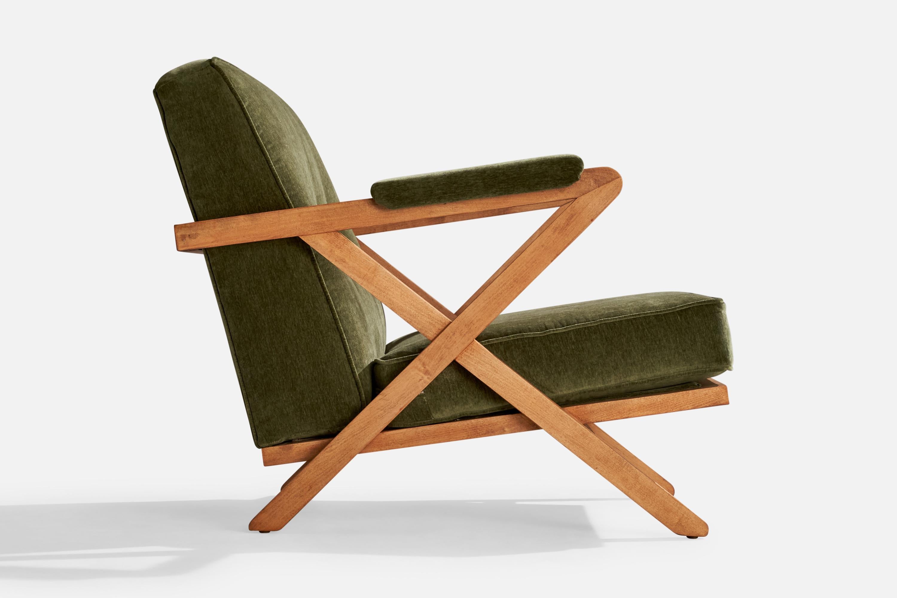 Mid-20th Century Paul Laszlo, Lounge Chair, Oak, Velvet, USA, 1950s For Sale