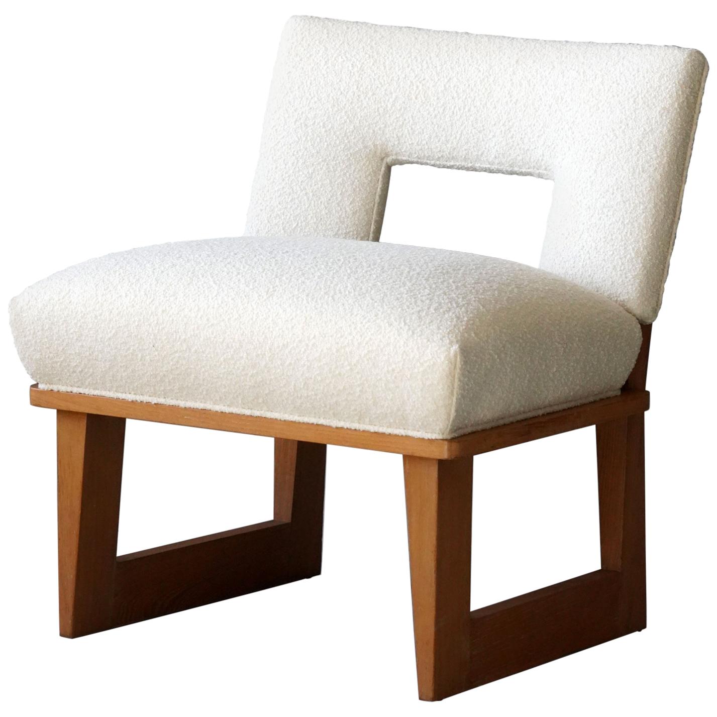 Paul László, Lounge Chair, Oak, White Bouclé, Brown Saltman United States, 1950s