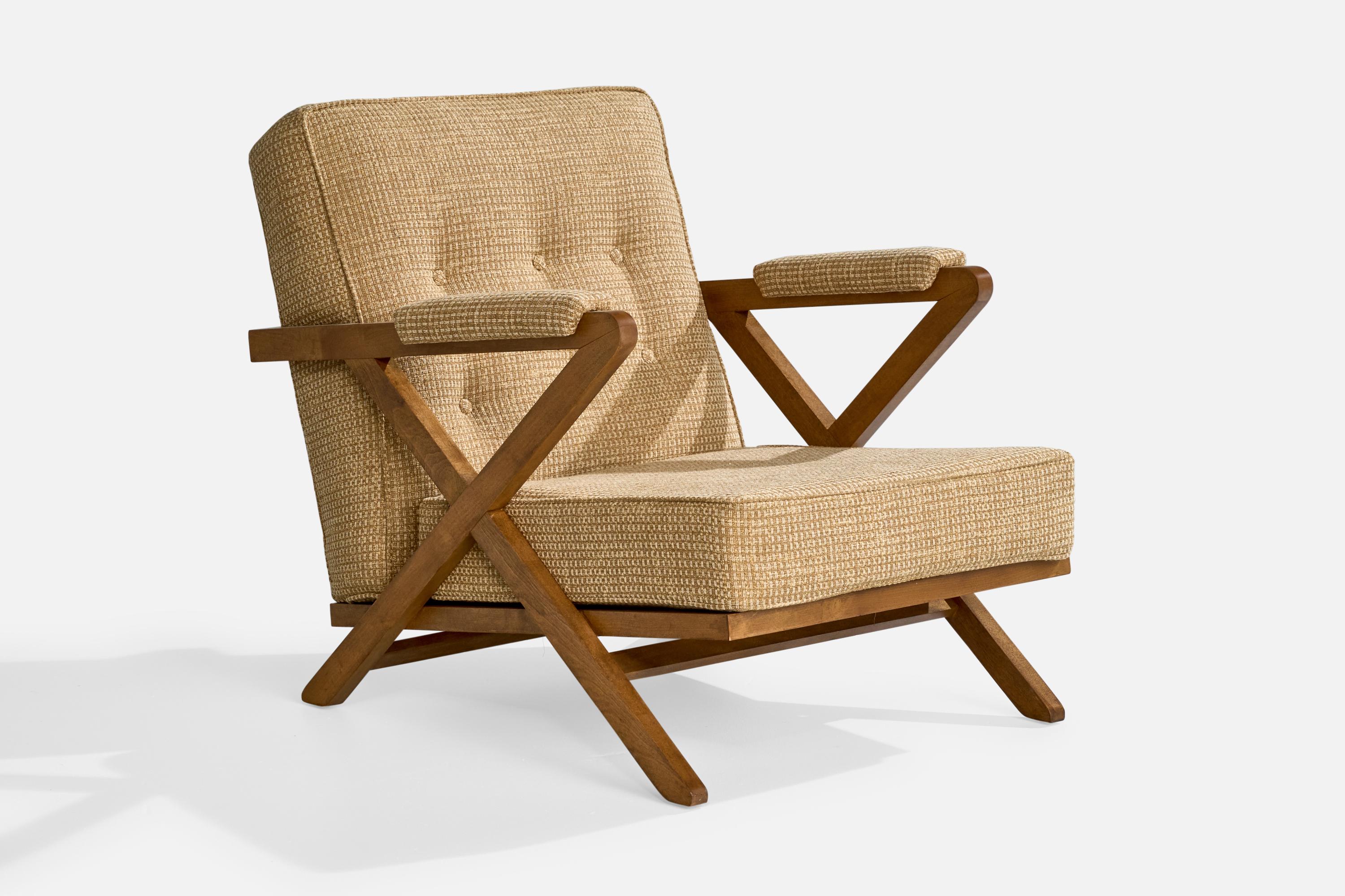 An wood and beige fabric lounge chair designed by Paul Laszlo and produced by Brown Saltman, USA, c. 1950s.

Reupholstered in brand new fabric. Touch-ups carried out to wood.

Dimensions: 30.75” H x 28” W x 35” D

Seat Height: 15”