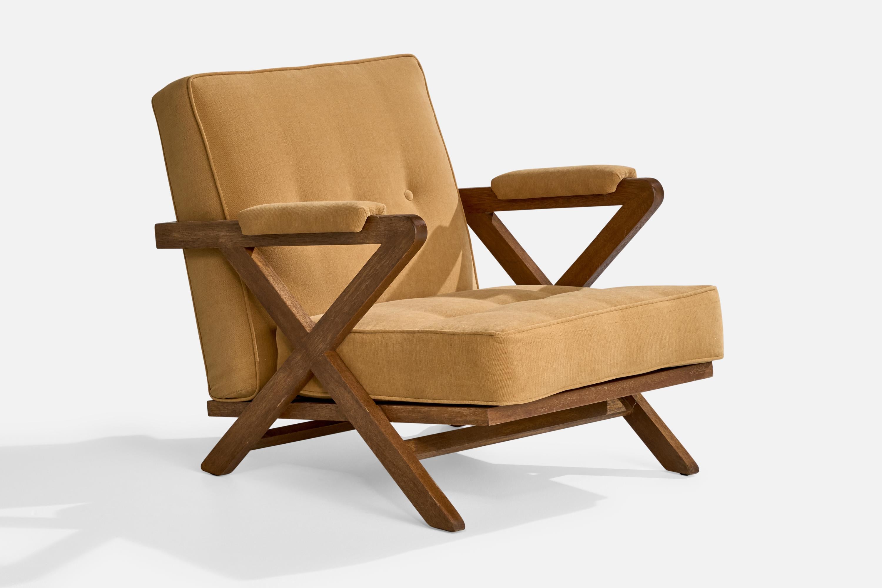 An wood and beige fabric lounge chair designed by Paul Laszlo and produced by Brown Saltman, USA, c. 1950s.

Reupholstered in brand new fabric. Touch-ups carried out to wood.

Dimensions: 29.5” H x 28.25” W x 35” D

Seat Height: 15” 