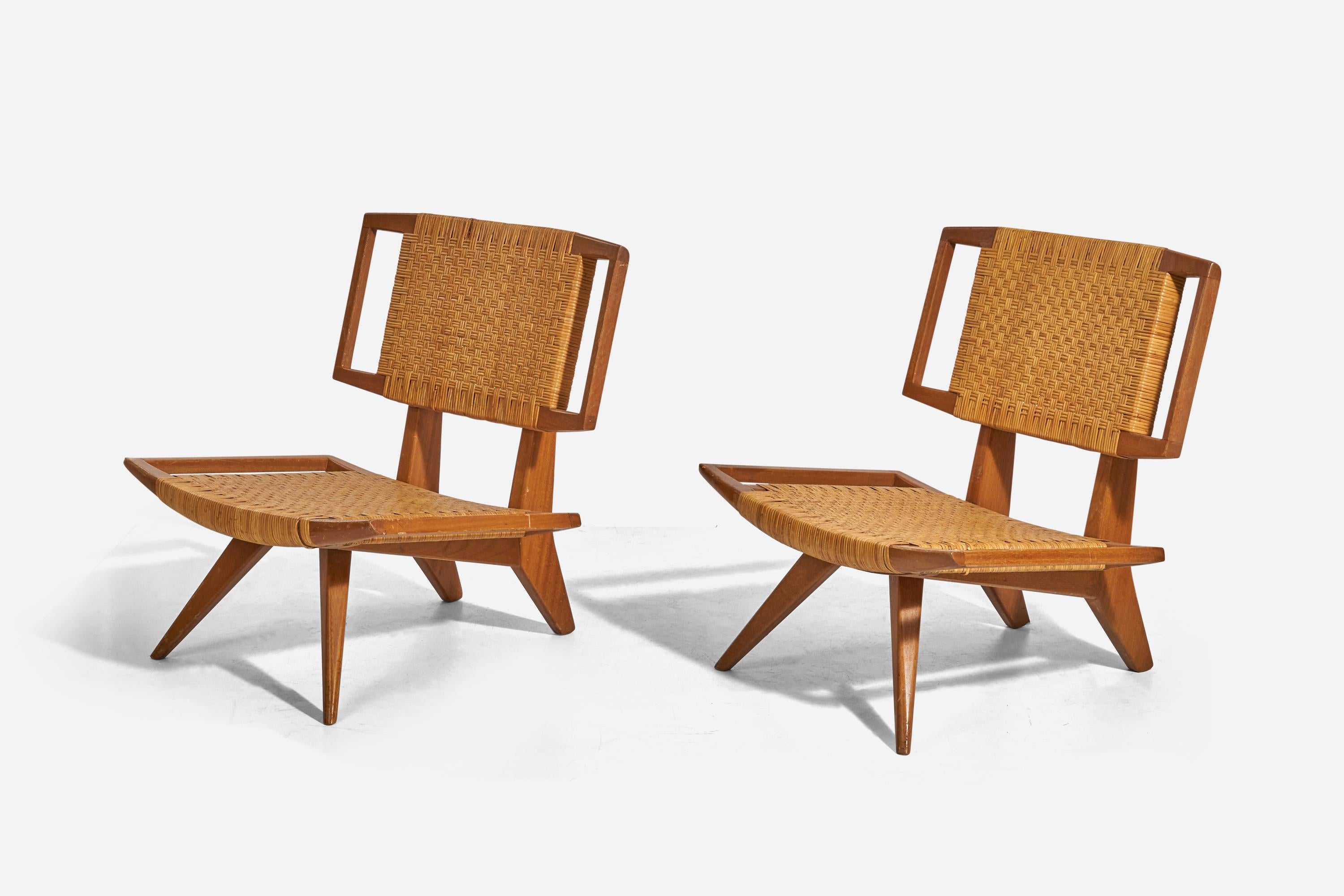 Paul László, Lounge-Stühle, Mahagoni, Rattan, Glenn of California, USA, 1950er Jahre (Moderne der Mitte des Jahrhunderts) im Angebot
