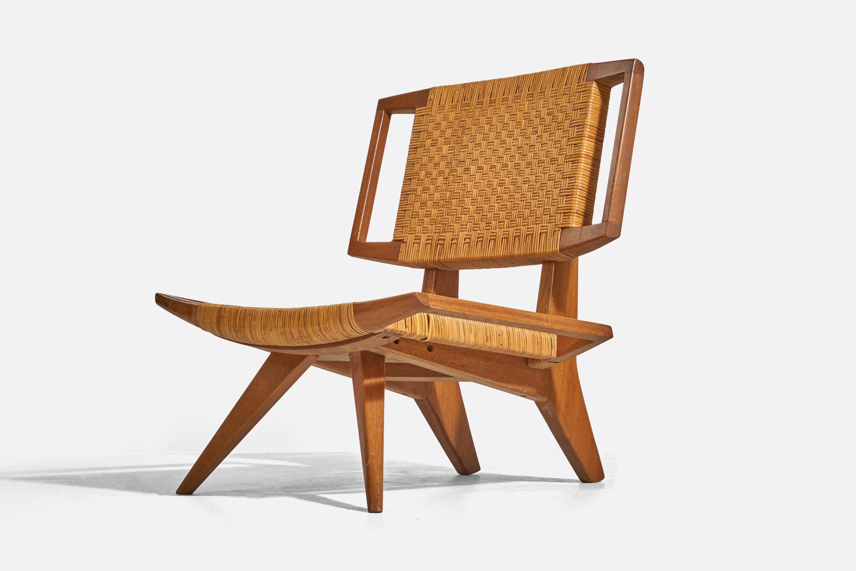 Mid-Century Modern Paul László, Lounge Chairs, Mahogany, Rattan, Glenn of California, USA, 1950s For Sale