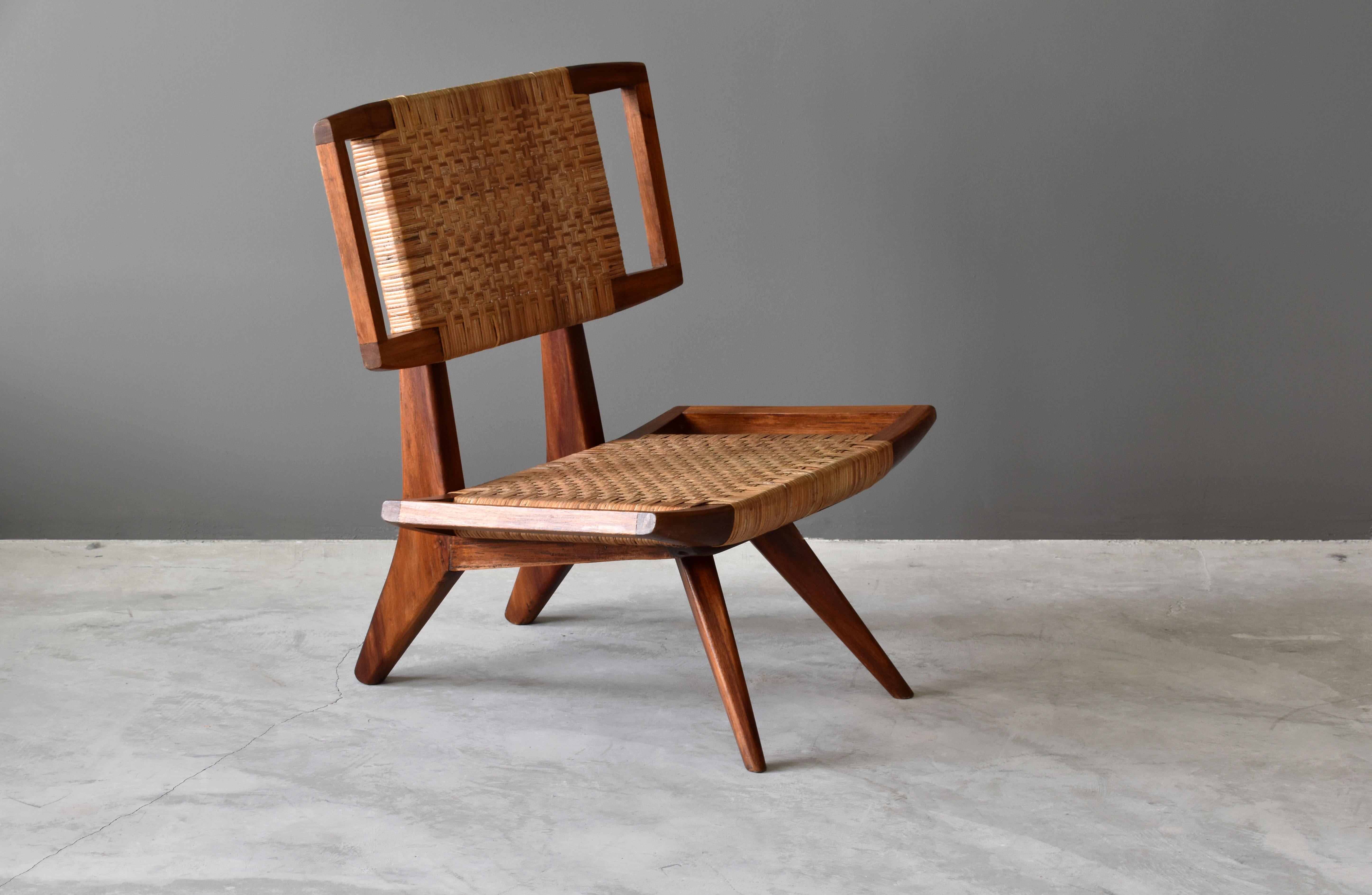 Mid-Century Modern Paul László, Lounge / Slipper Chair, Woven Rattan, Mahogany, California, 1950s