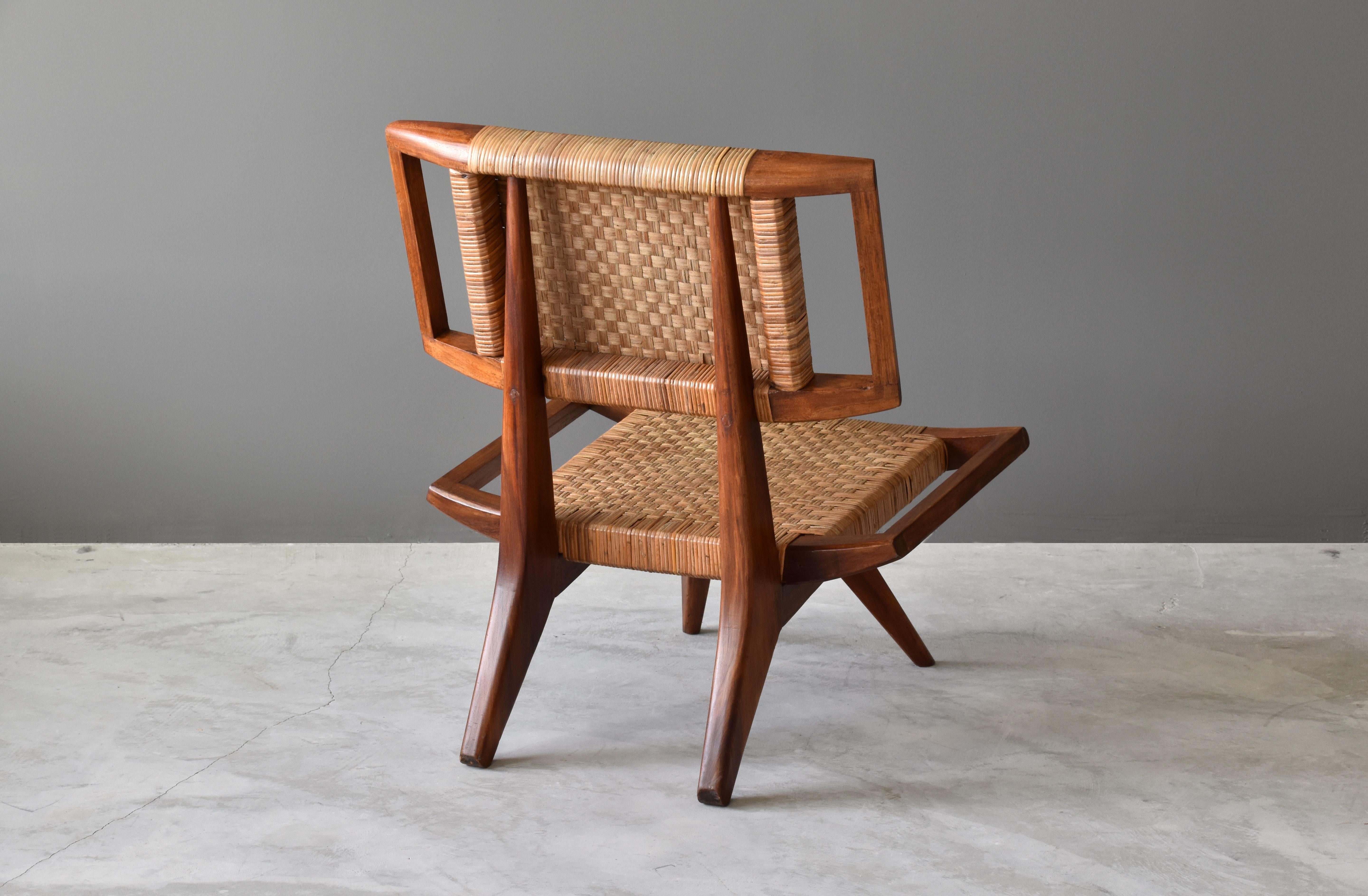 American Paul László, Lounge / Slipper Chair, Woven Rattan, Mahogany, California, 1950s