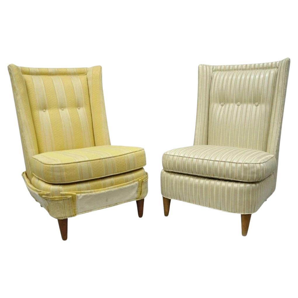 Paul Laszlo Mid Century Modern Upholstered Barrel Back Slipper Lounge Chair Pair