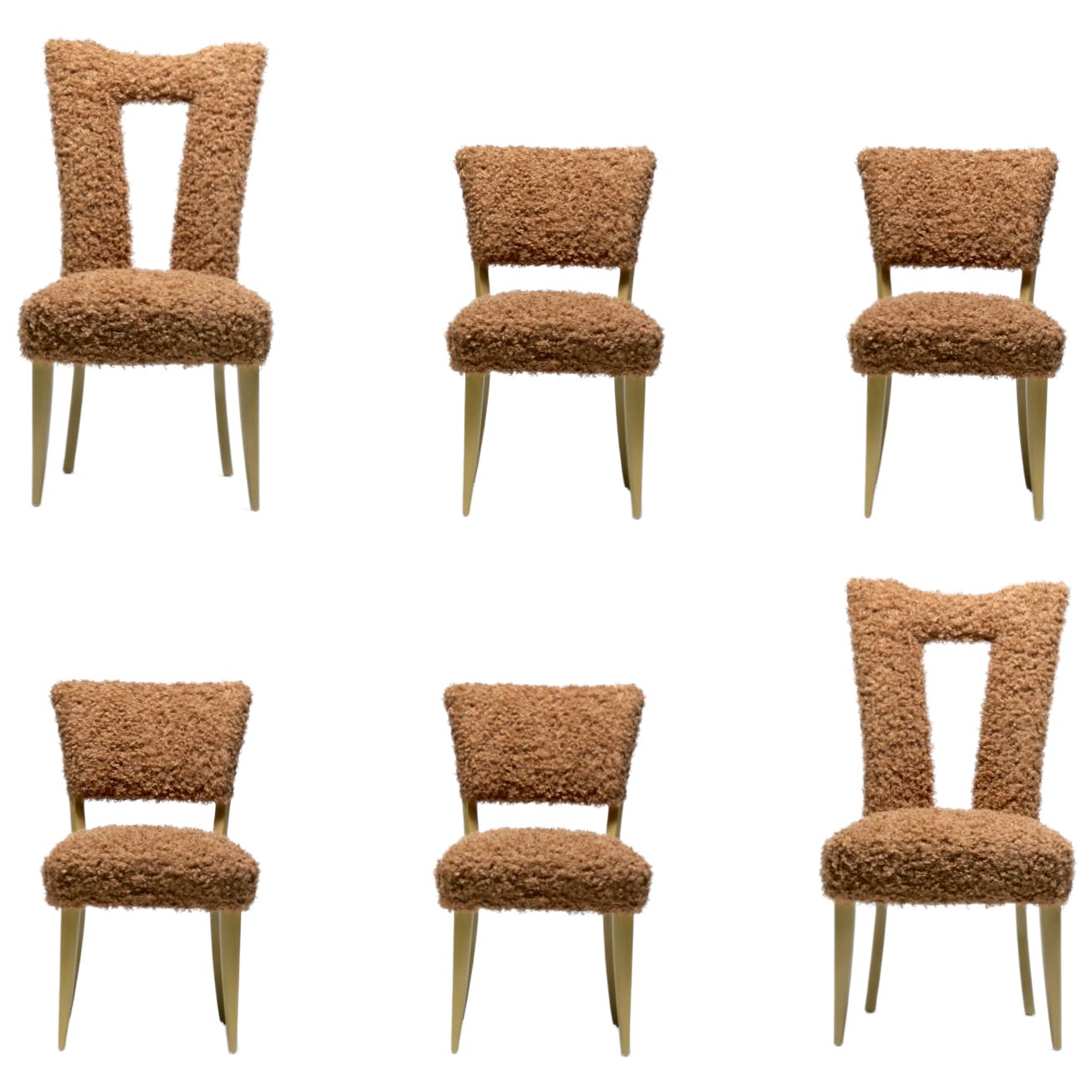 Paul Laszlo Ensemble de 6 chaises de salle à manger en Wood Wood blanchi et tapisserie Teddy Bear Camel en vente