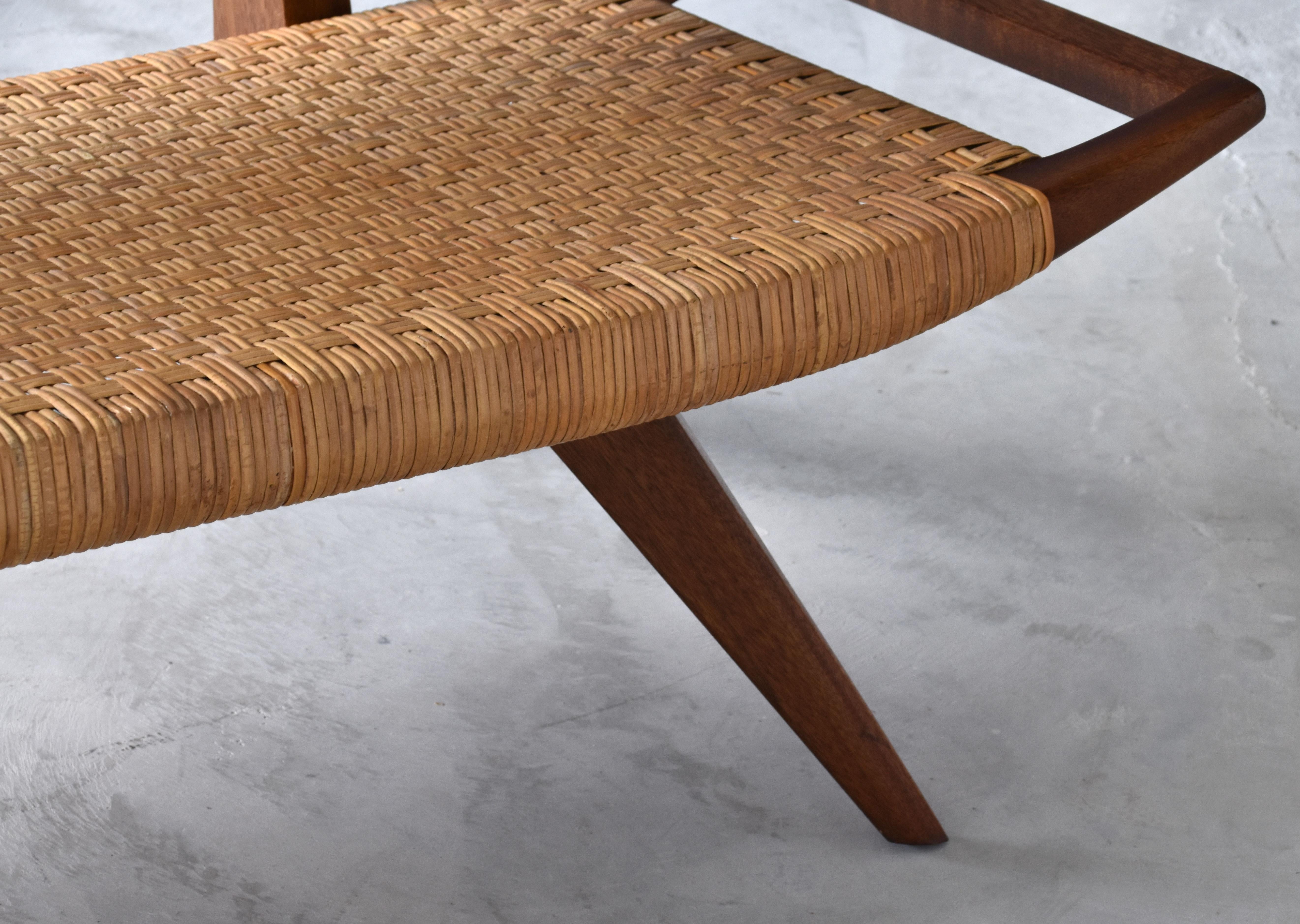 Paul László, Sofa / Bench, Woven Rattan, Mahogany, California, 1950s In Good Condition In High Point, NC