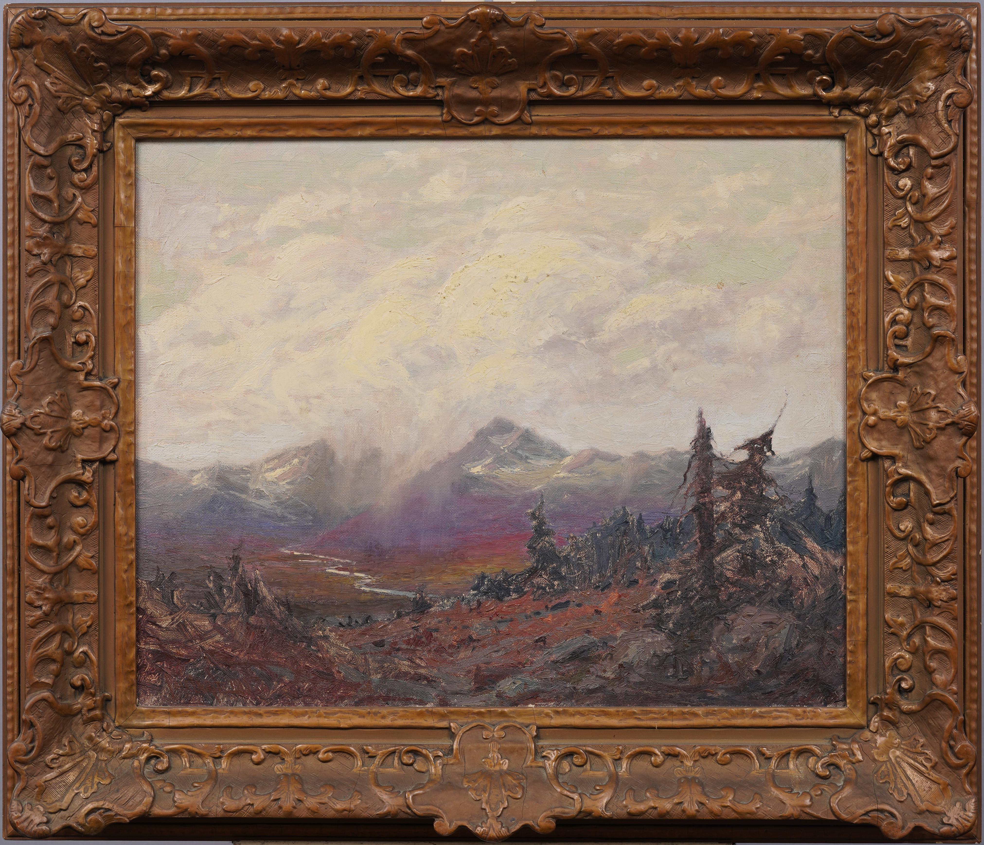 Antico dipinto ad olio con cornice dell'impressionista americano Alaskan Fall Landscape - Painting di Paul Lauritz
