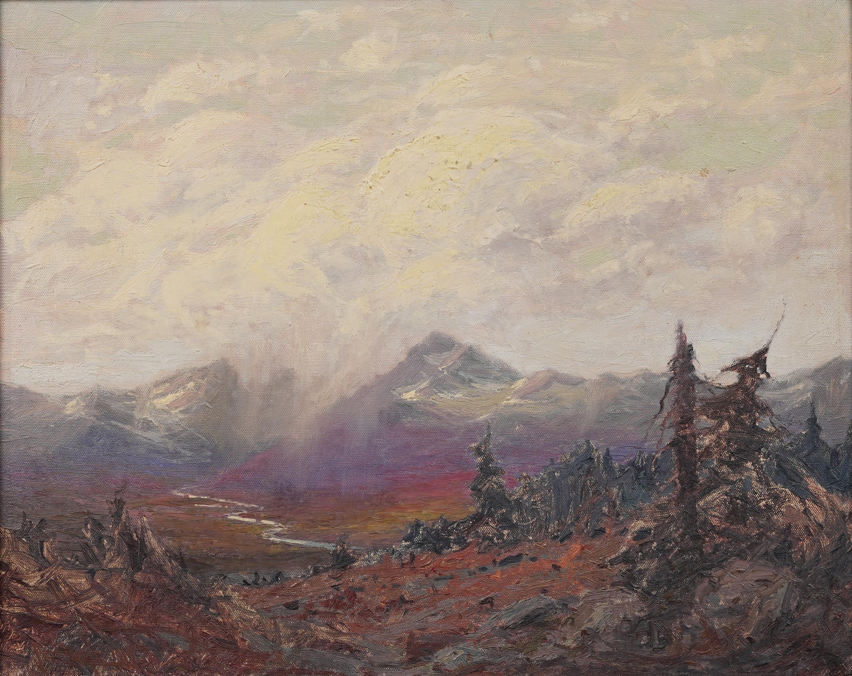 Antico dipinto ad olio con cornice dell'impressionista americano Alaskan Fall Landscape - Painting Impressionismo di Paul Lauritz