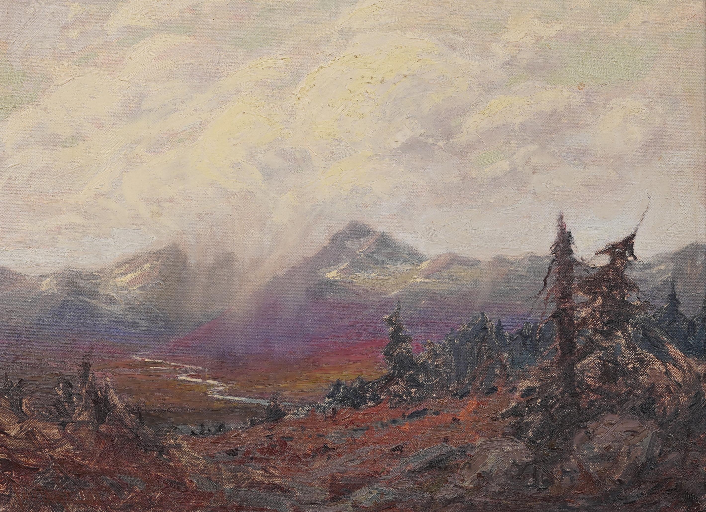 Antico dipinto ad olio con cornice dell'impressionista americano Alaskan Fall Landscape - Landscape Painting Marrone di Paul Lauritz